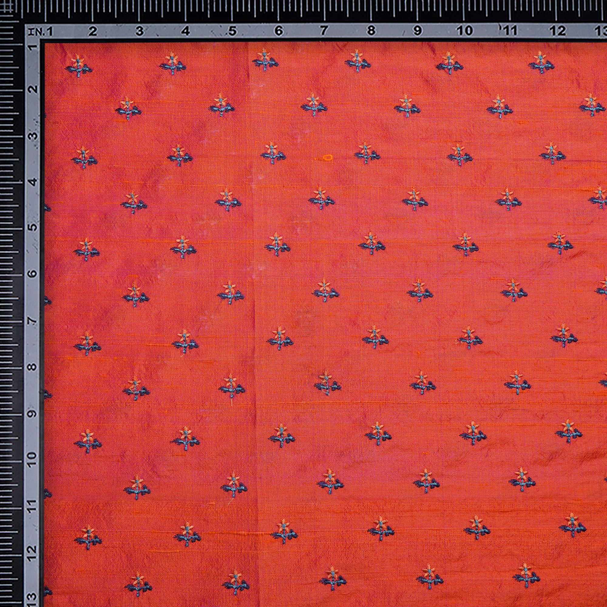 (Pre-Cut 3.20 Mtr)Orange-Pink Color Embroidered Dupion Silk Fabric