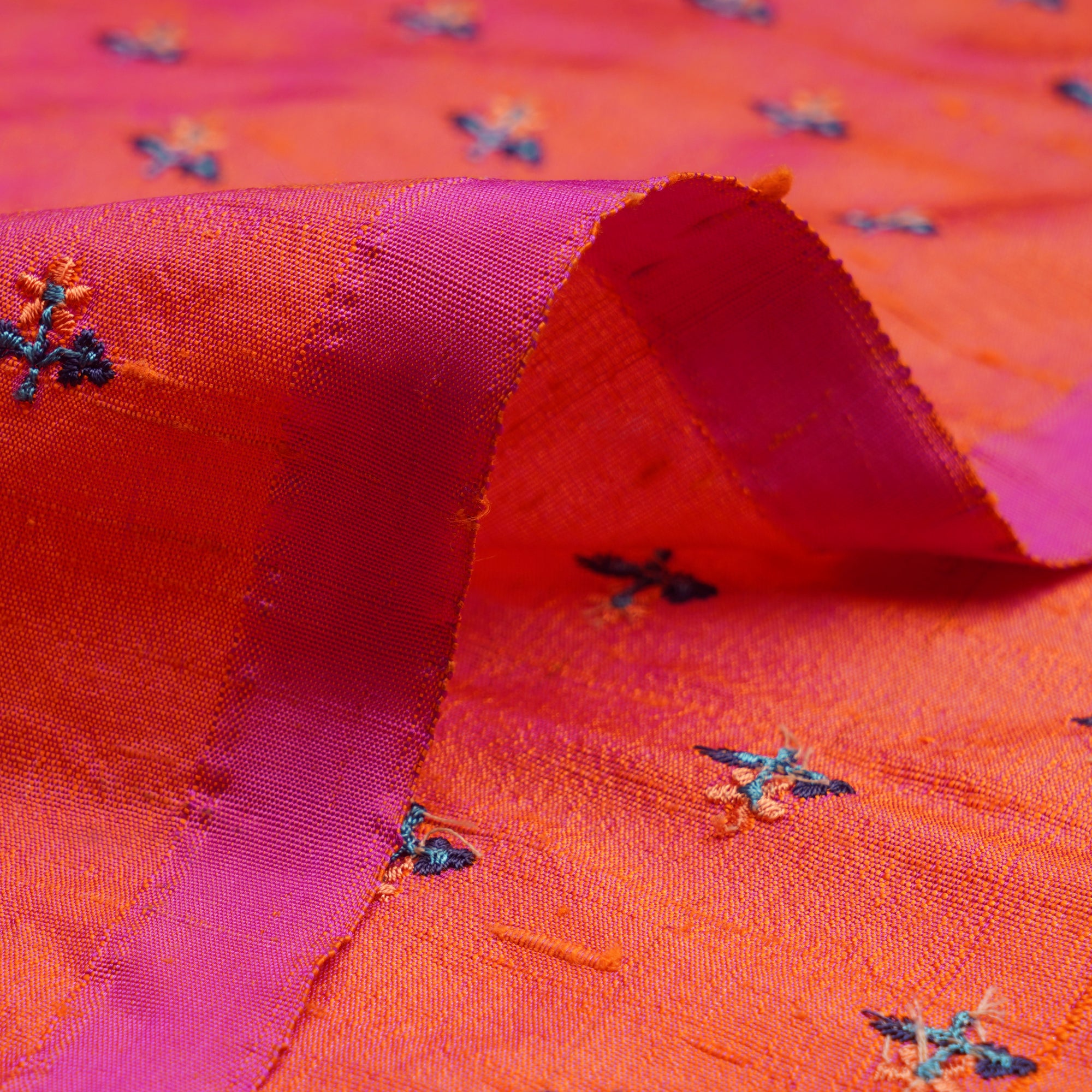 (Pre-Cut 3.20 Mtr)Orange-Pink Color Embroidered Dupion Silk Fabric