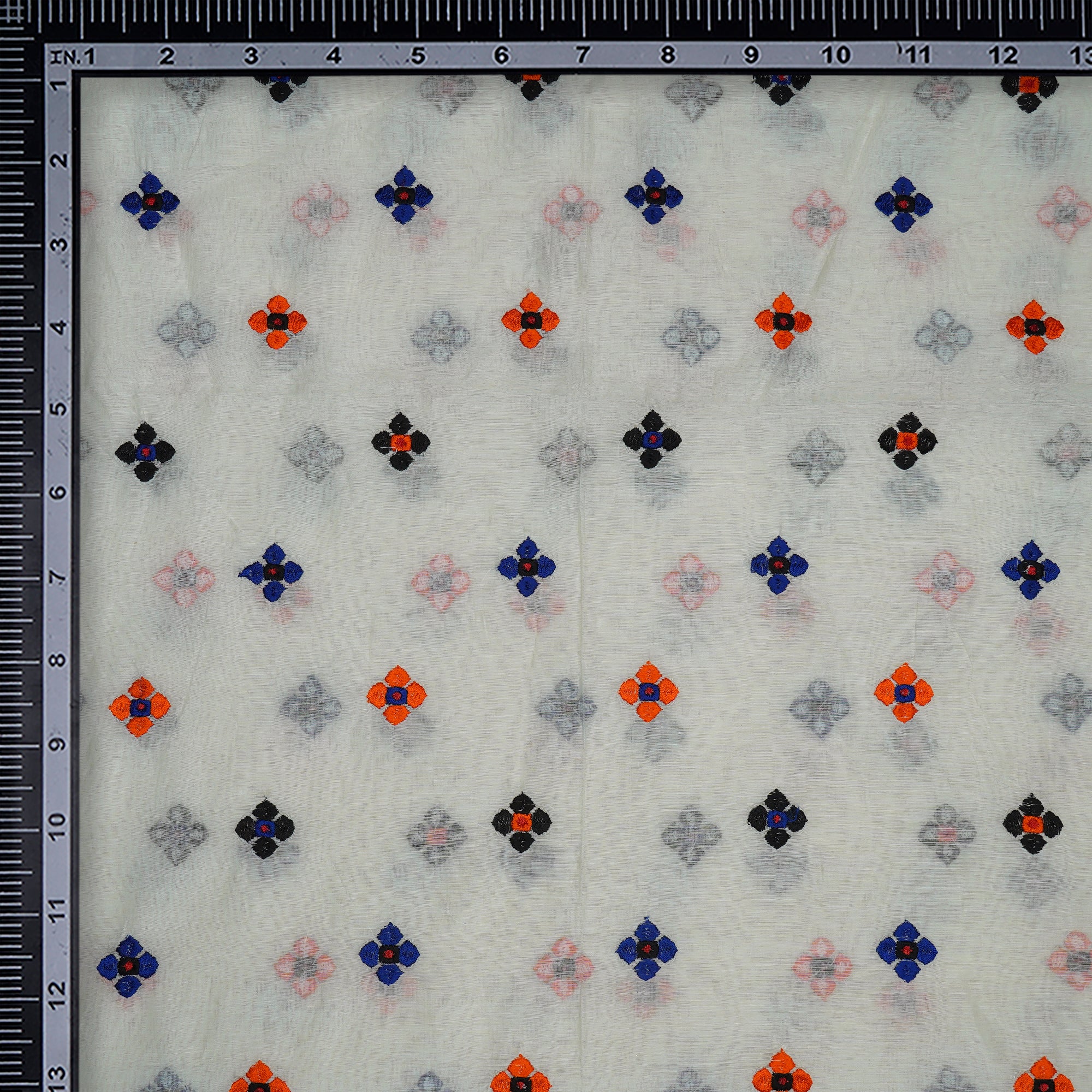 (Pre-Cut 4.20 Mtr)White-Blue Color Embroidered Fine Chanderi Fabric