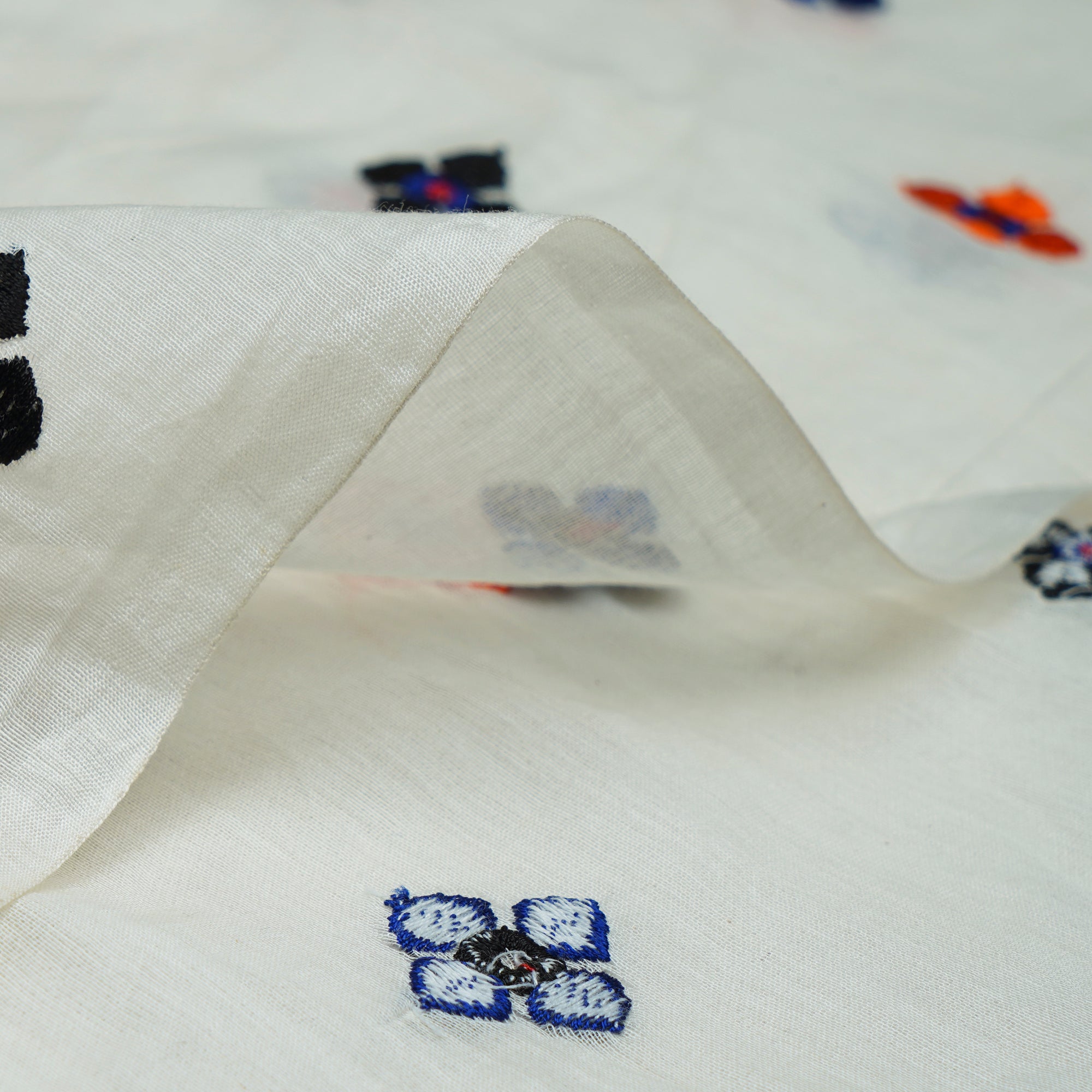 (Pre-Cut 4.20 Mtr)White-Blue Color Embroidered Fine Chanderi Fabric