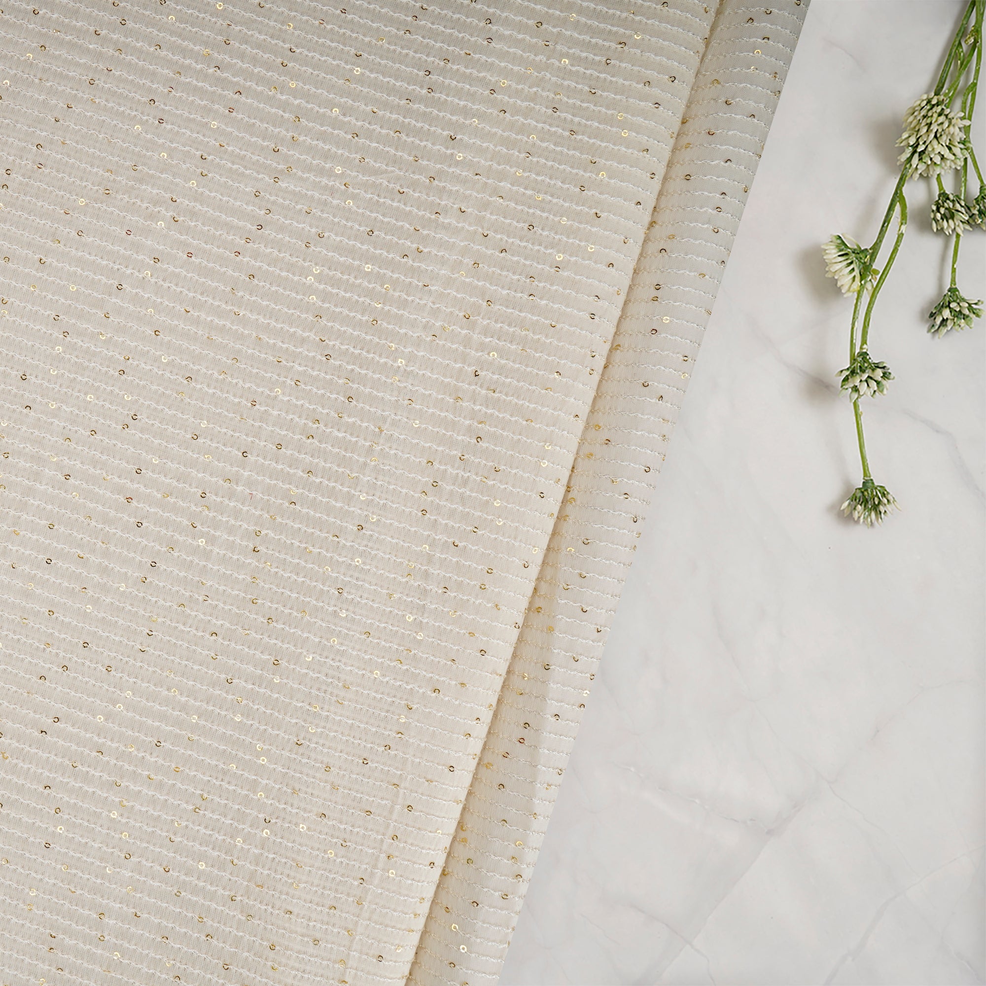 (Pre-Cut 3.80 Mtr)Off White Color Sequins Embroidered Pure Chanderi Fabric