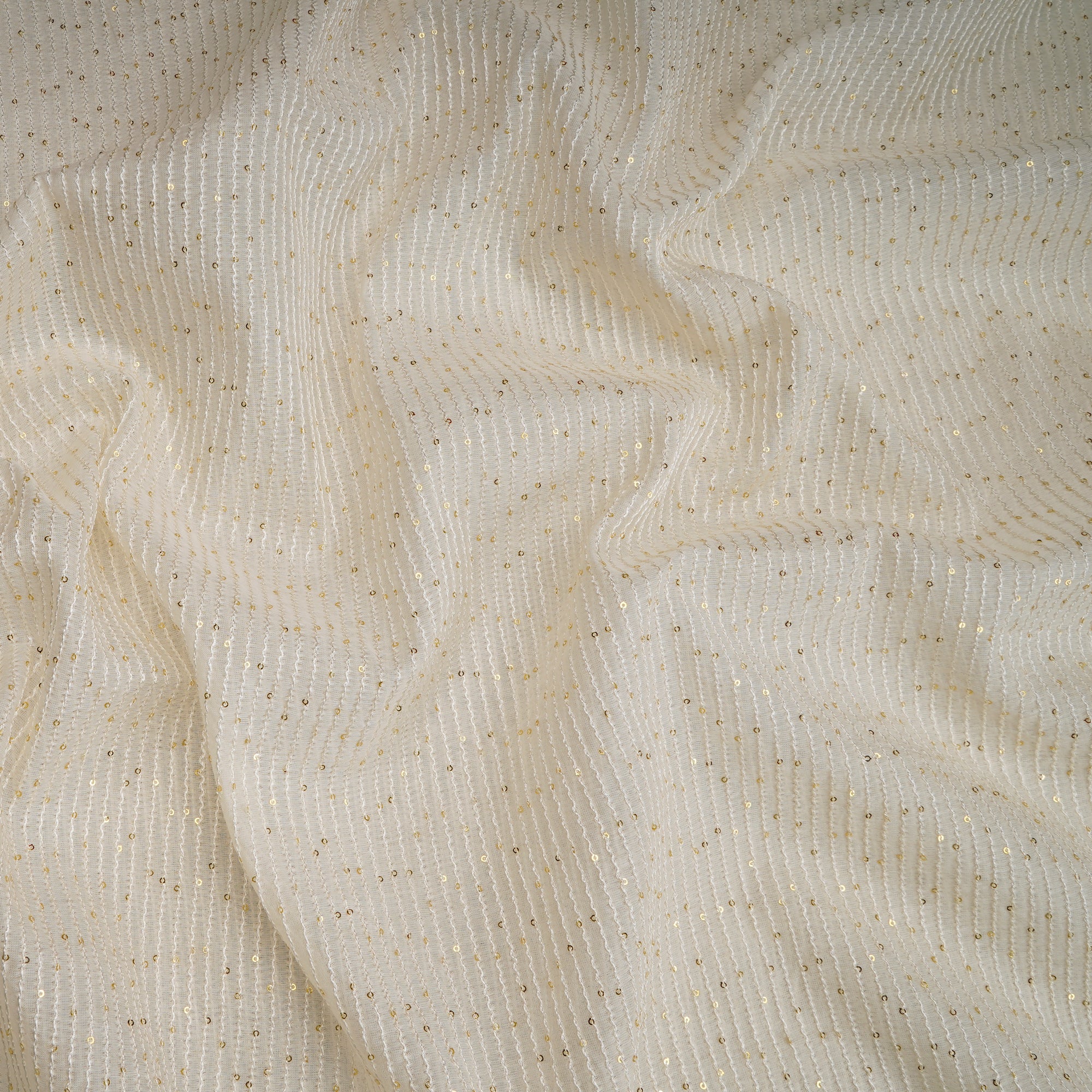 (Pre-Cut 3.80 Mtr)Off White Color Sequins Embroidered Pure Chanderi Fabric