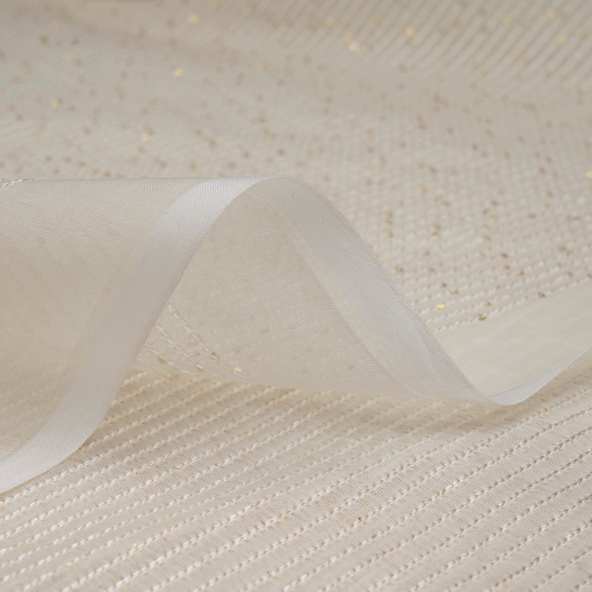 (Pre-Cut 3.80 Mtr)Off White Color Sequins Embroidered Pure Chanderi Fabric