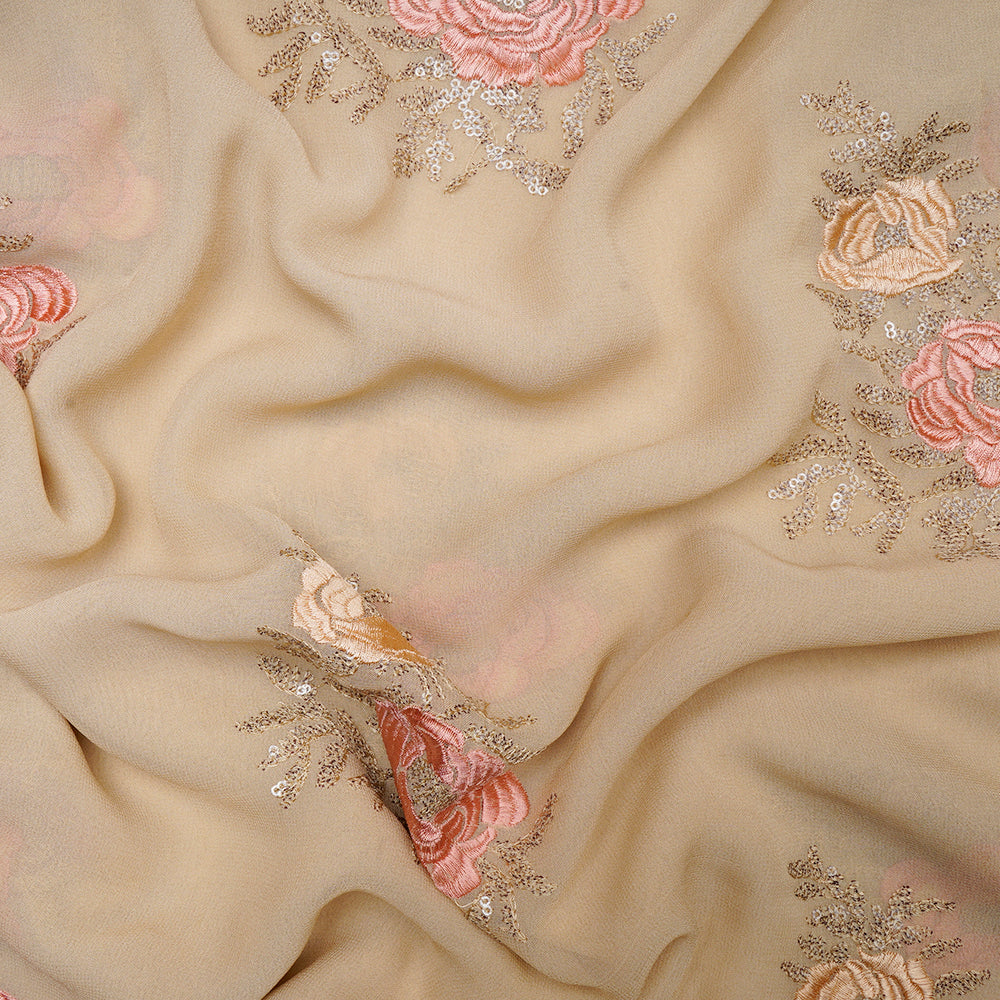 (Pre-Cut 3.60 Mtr)Beige Color Embroidered Viscose Georgette Fabric