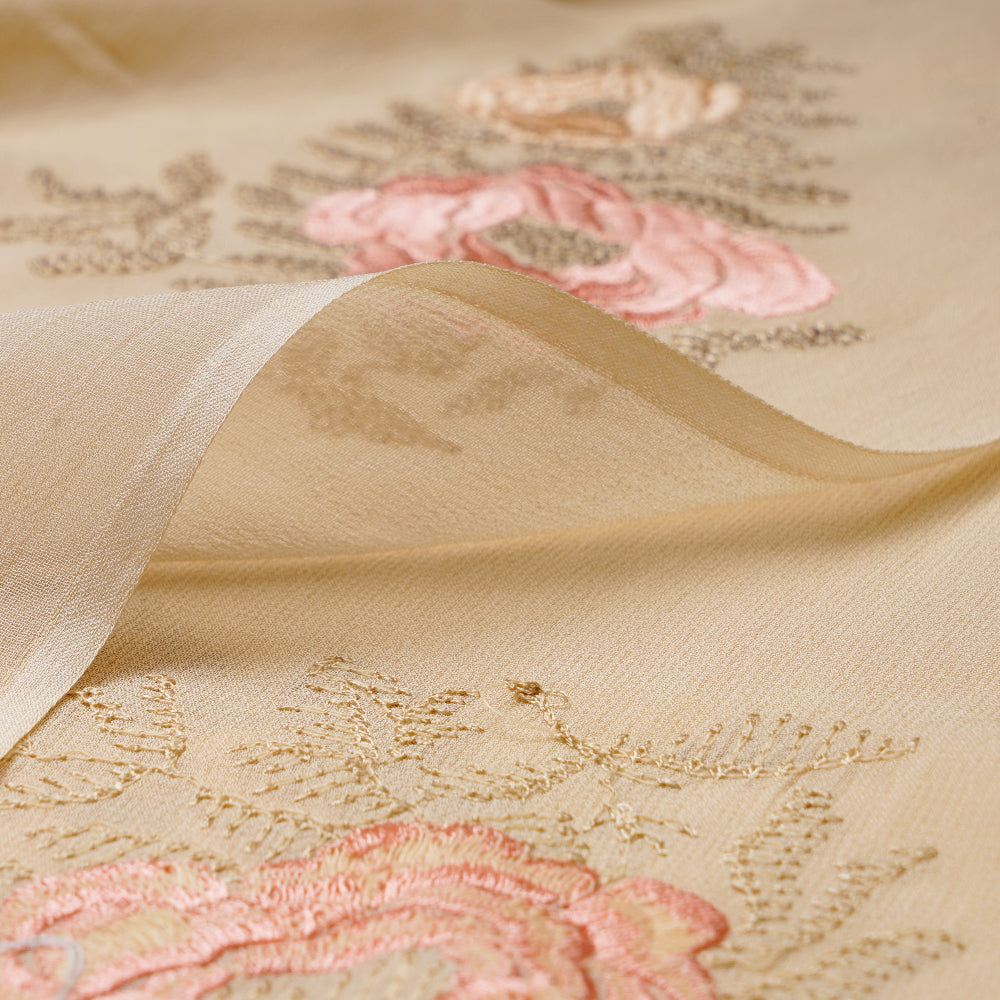 (Pre-Cut 3.60 Mtr)Beige Color Embroidered Viscose Georgette Fabric