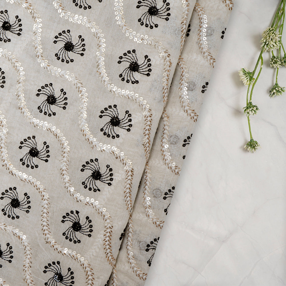(Pre-Cut 3.30 Mtr)Off White-Black Color Sequins Embroidered Chanderi Fabric