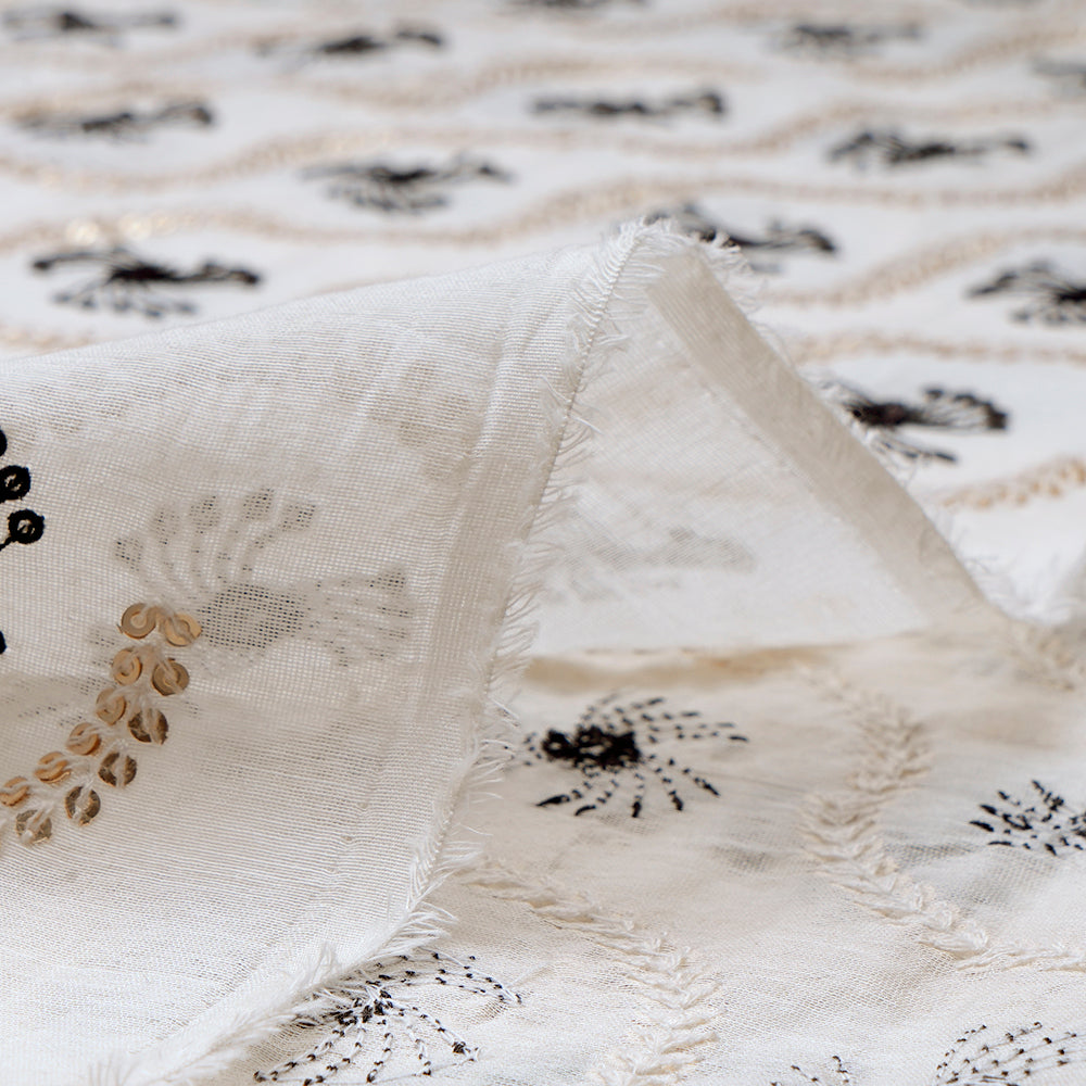 (Pre-Cut 3.30 Mtr)Off White-Black Color Sequins Embroidered Chanderi Fabric