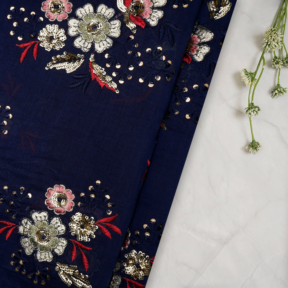 (Pre-Cut 4.80 Mtr)Navy Color Sequins Embroidered Handcrafted Chanderi Fabric