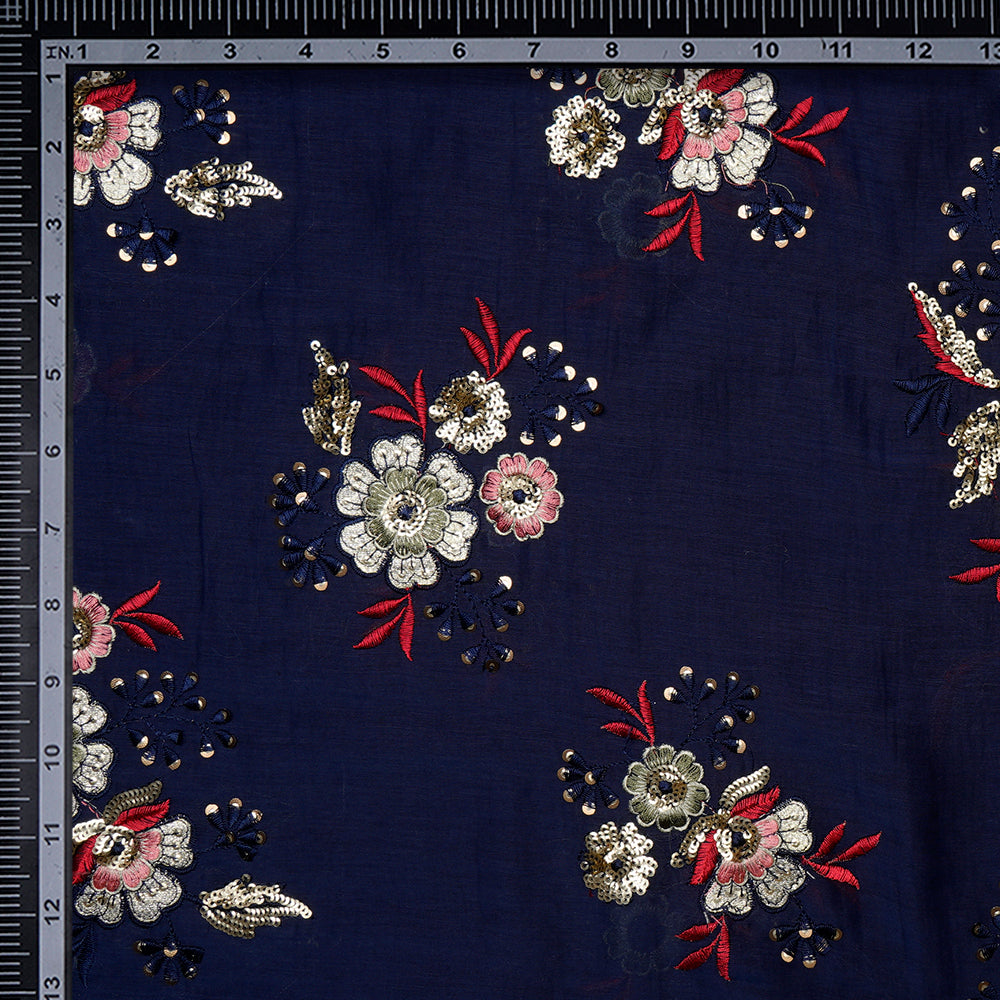 (Pre-Cut 4.80 Mtr)Navy Color Sequins Embroidered Handcrafted Chanderi Fabric