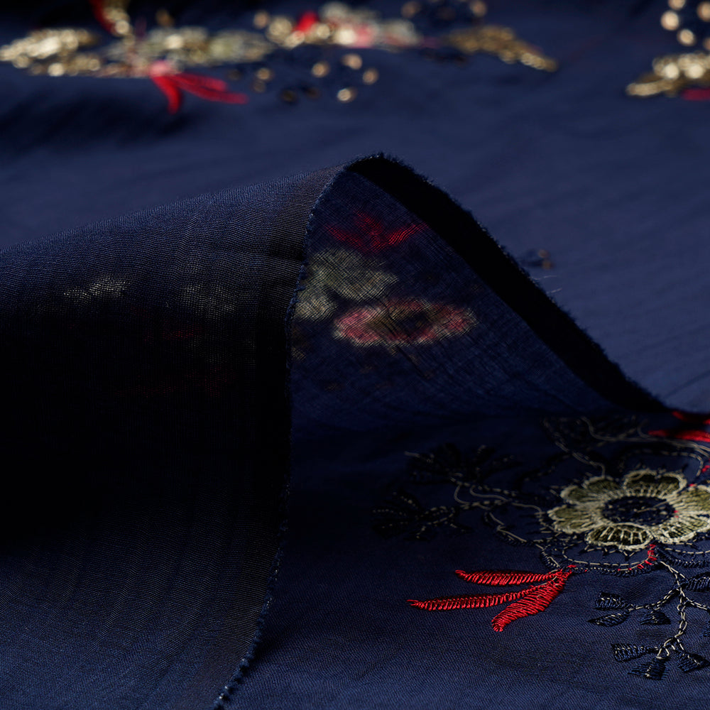 (Pre-Cut 4.80 Mtr)Navy Color Sequins Embroidered Handcrafted Chanderi Fabric