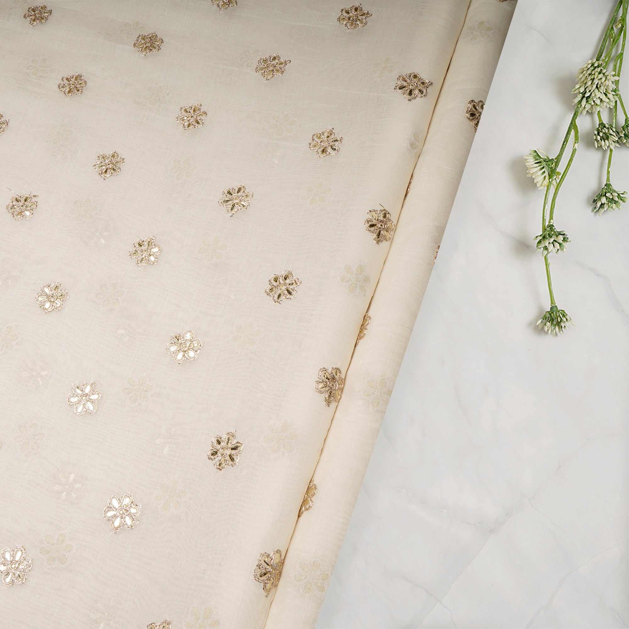 (Pre-Cut 4.70 Mtr)Off-White Motif Pattern Thread Embroidered Chanderi Fabric