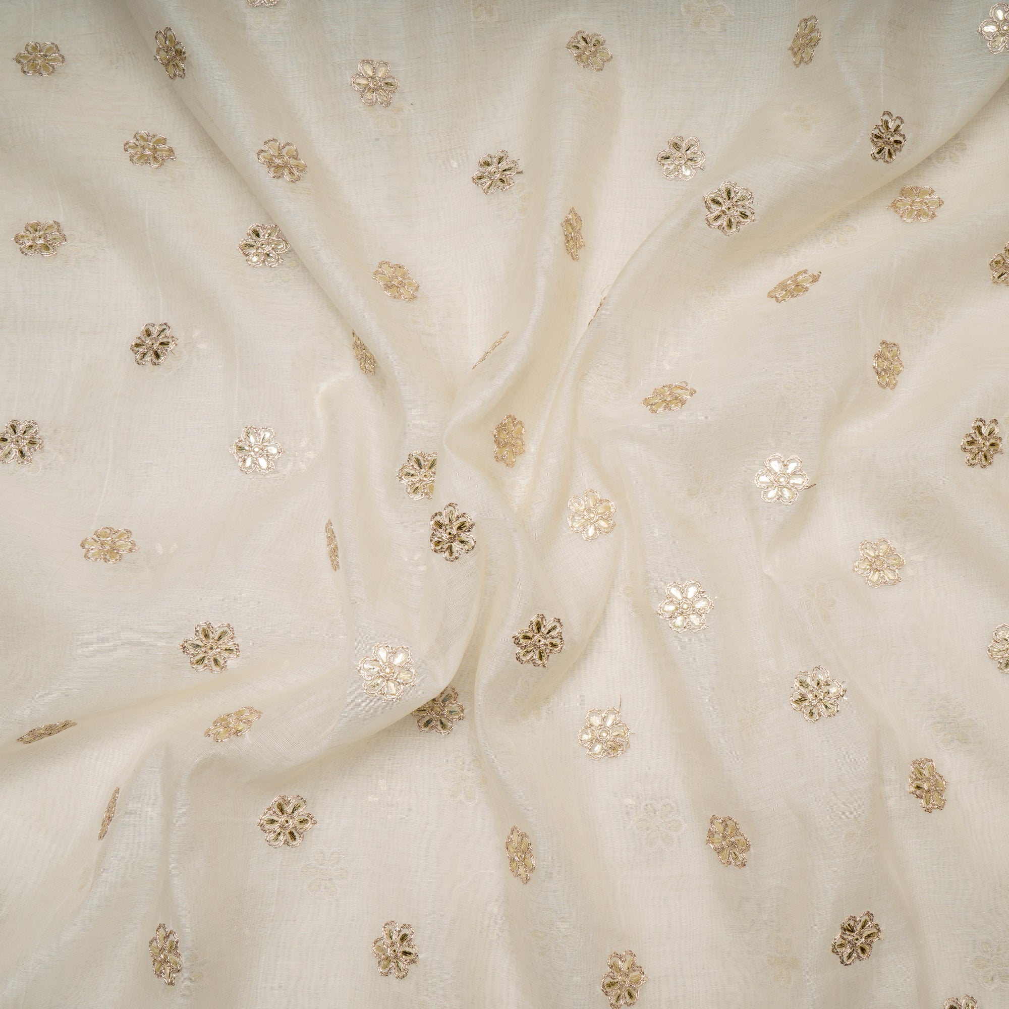 (Pre-Cut 4.70 Mtr)Off-White Motif Pattern Thread Embroidered Chanderi Fabric