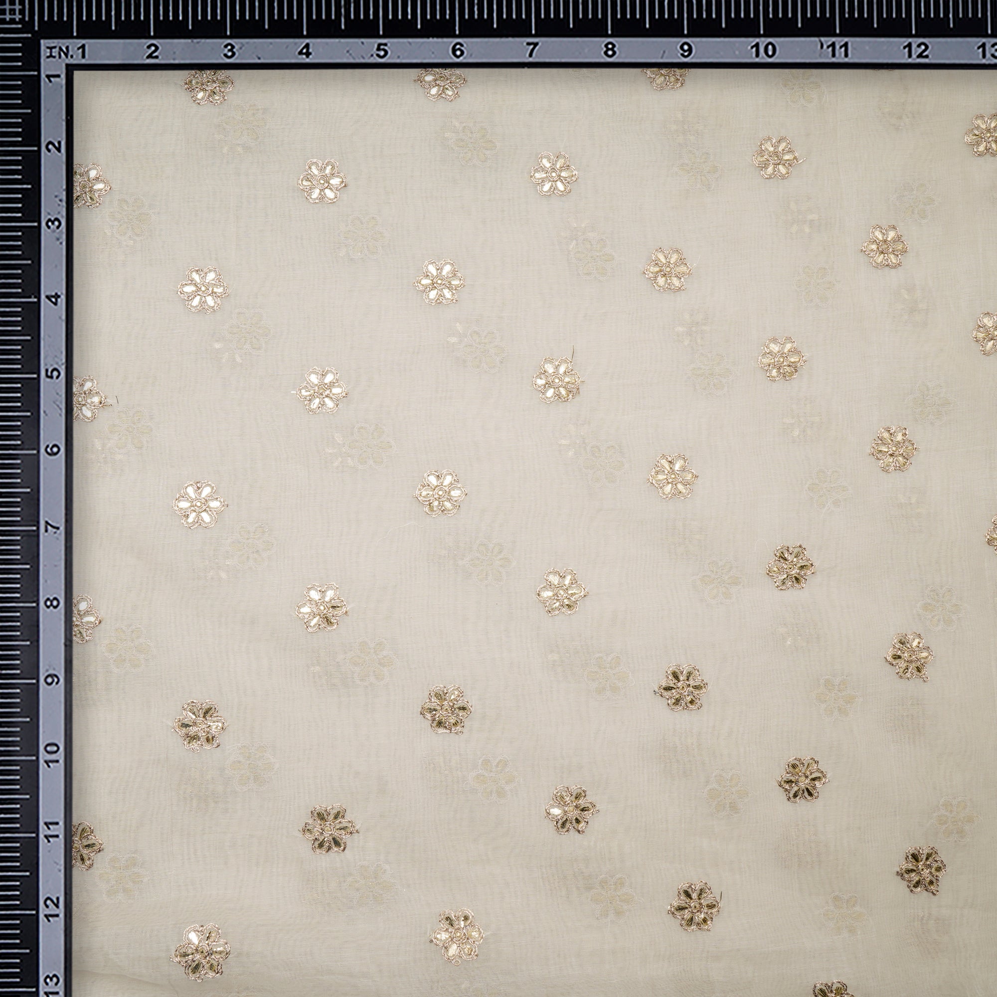 (Pre-Cut 4.70 Mtr)Off-White Motif Pattern Thread Embroidered Chanderi Fabric