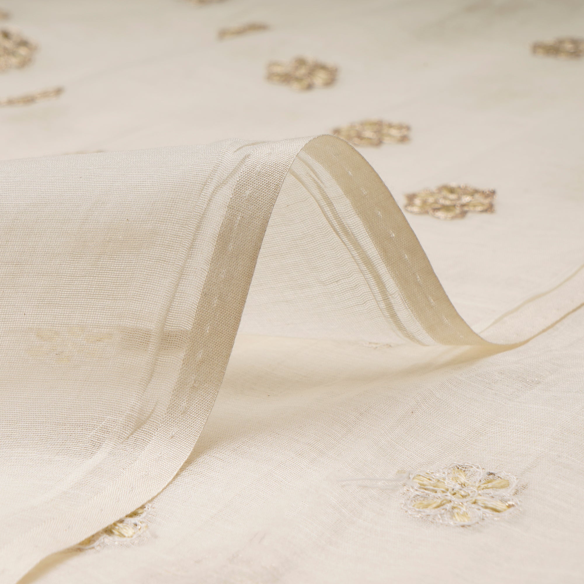 (Pre-Cut 4.70 Mtr)Off-White Motif Pattern Thread Embroidered Chanderi Fabric