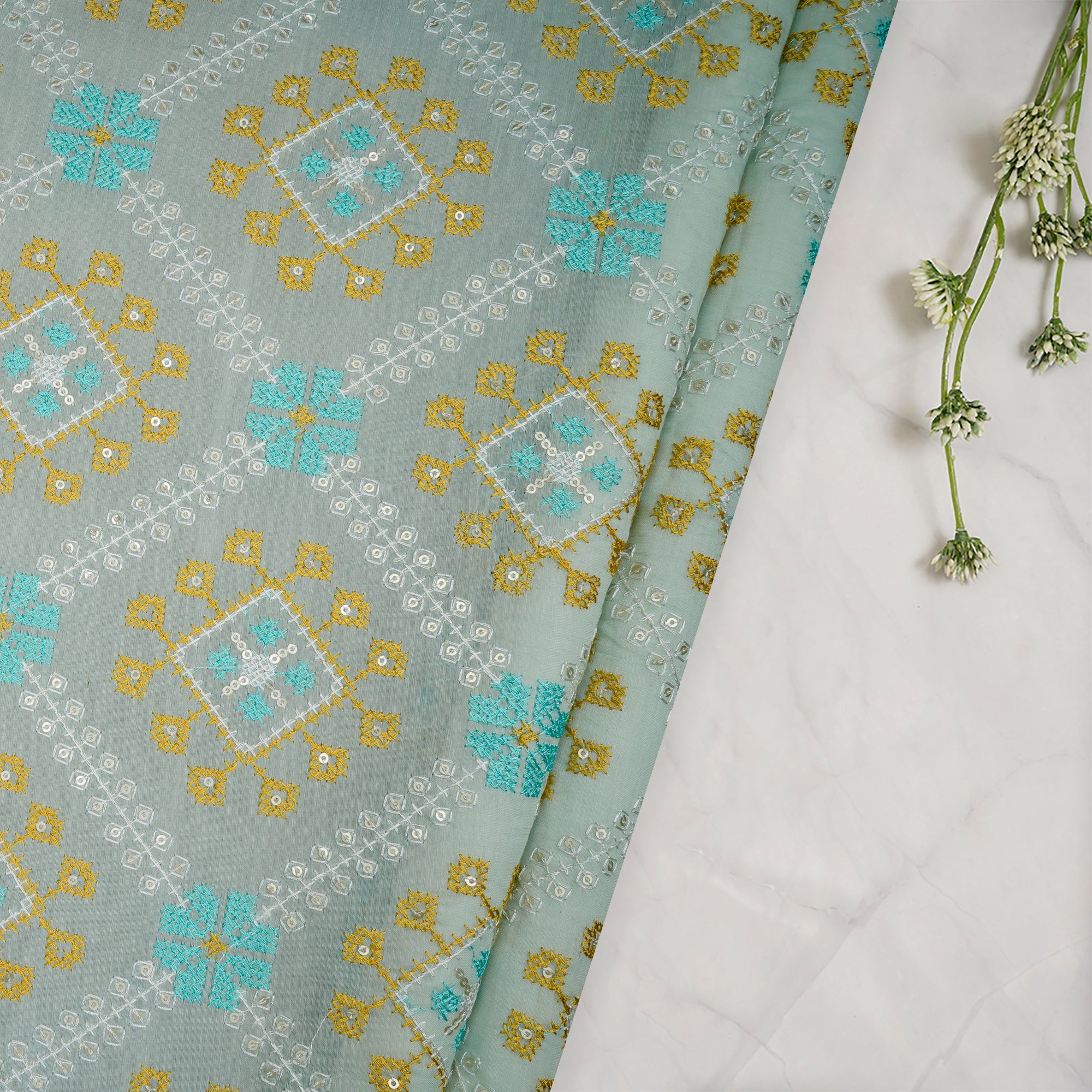 (Pre-Cut 3.60Mtr)Mint Greent All Over Pattern Thread Embroidered Pure Chanderi Fabric