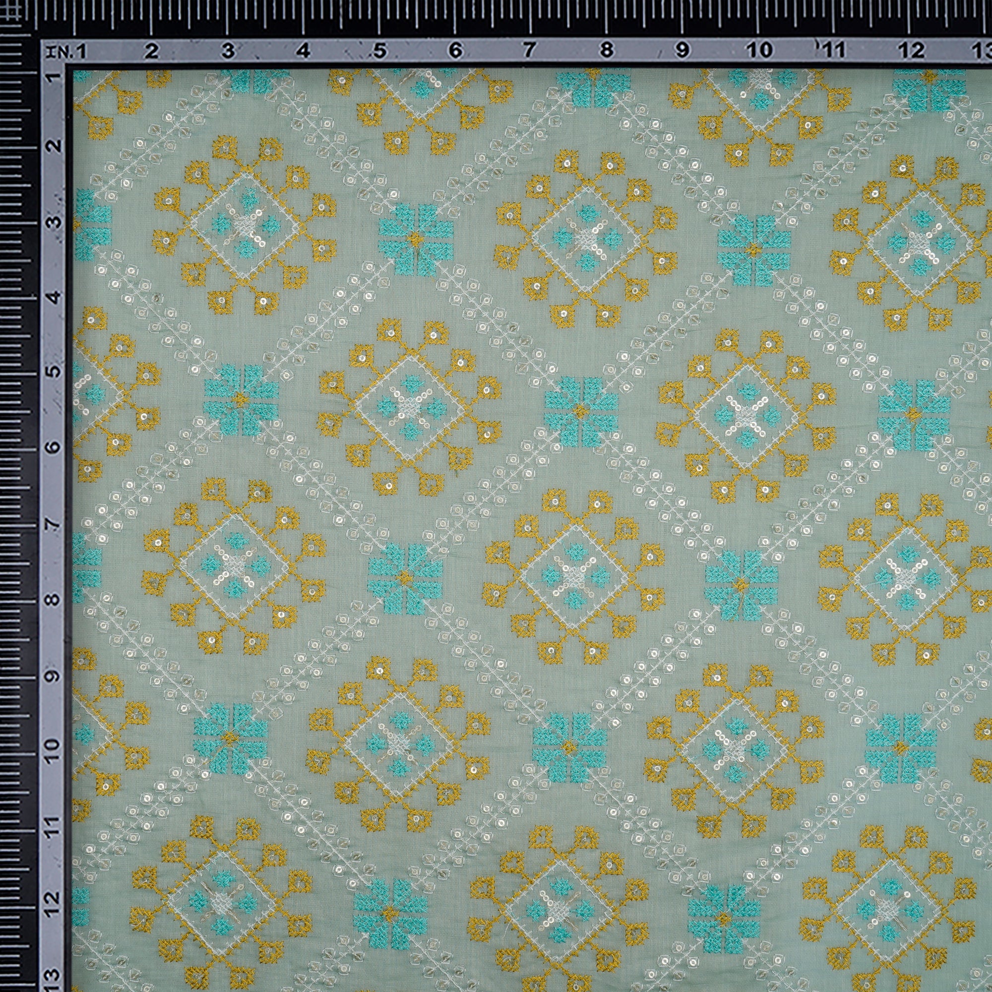 (Pre-Cut 3.60Mtr)Mint Greent All Over Pattern Thread Embroidered Pure Chanderi Fabric