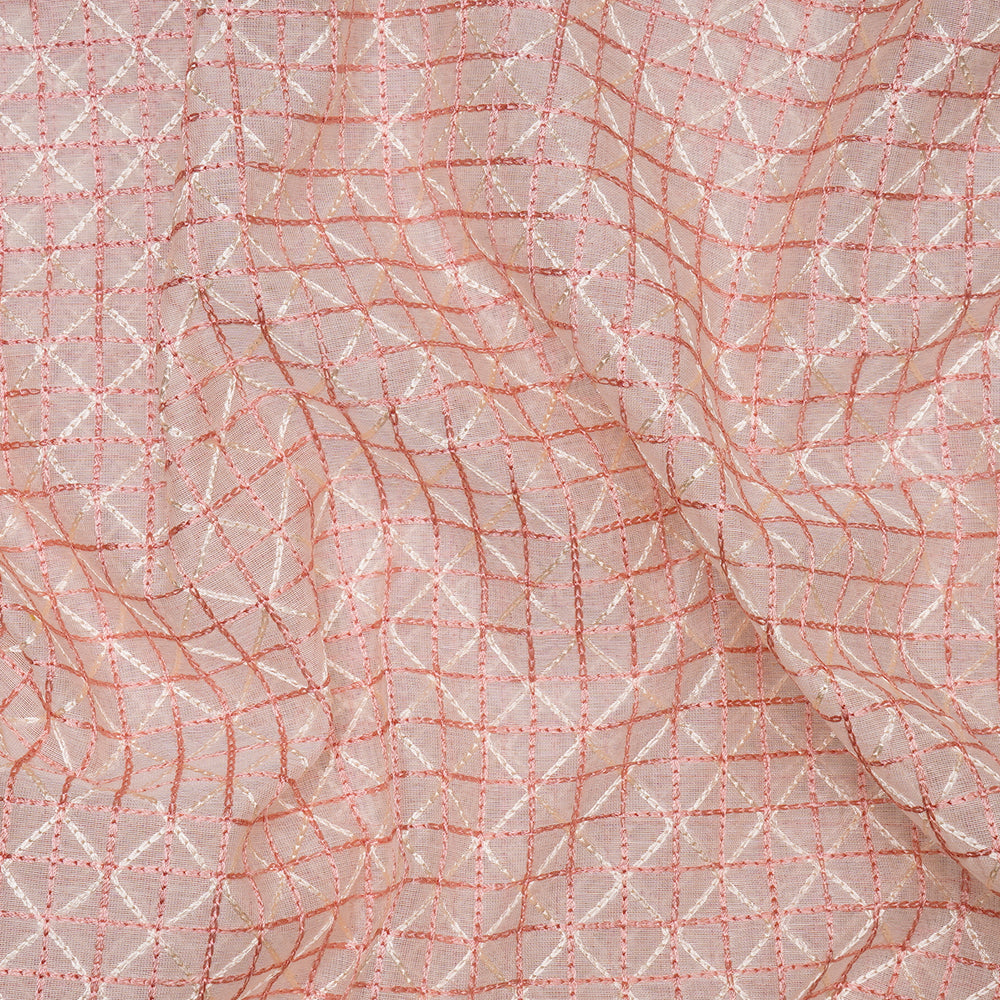 (Pre-Cut 3.90Mtr)Off White - Peach Embroidered Pure Chanderi Fabric