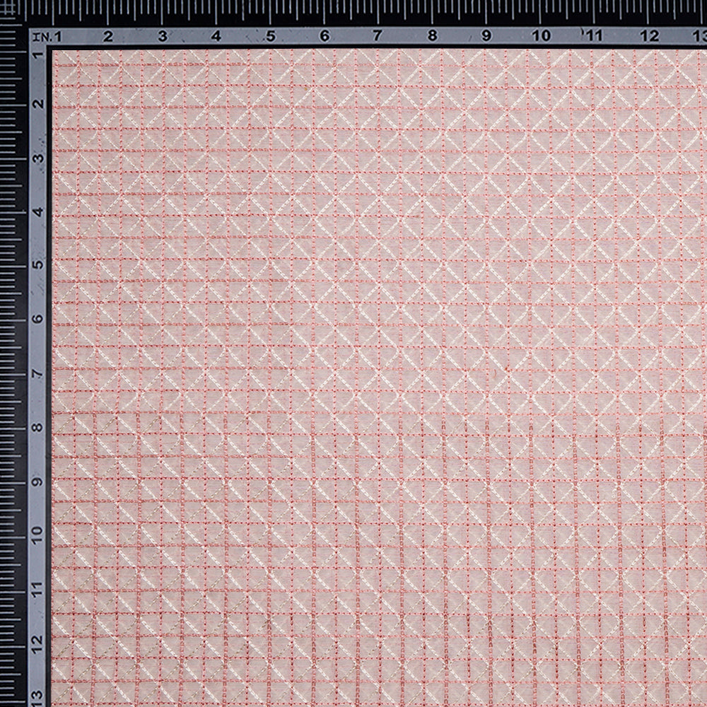 (Pre-Cut 3.90Mtr)Off White - Peach Embroidered Pure Chanderi Fabric