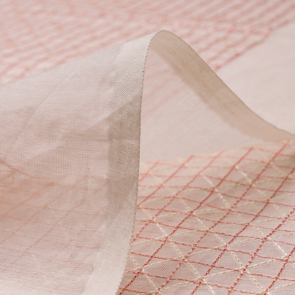 (Pre-Cut 3.90Mtr)Off White - Peach Embroidered Pure Chanderi Fabric