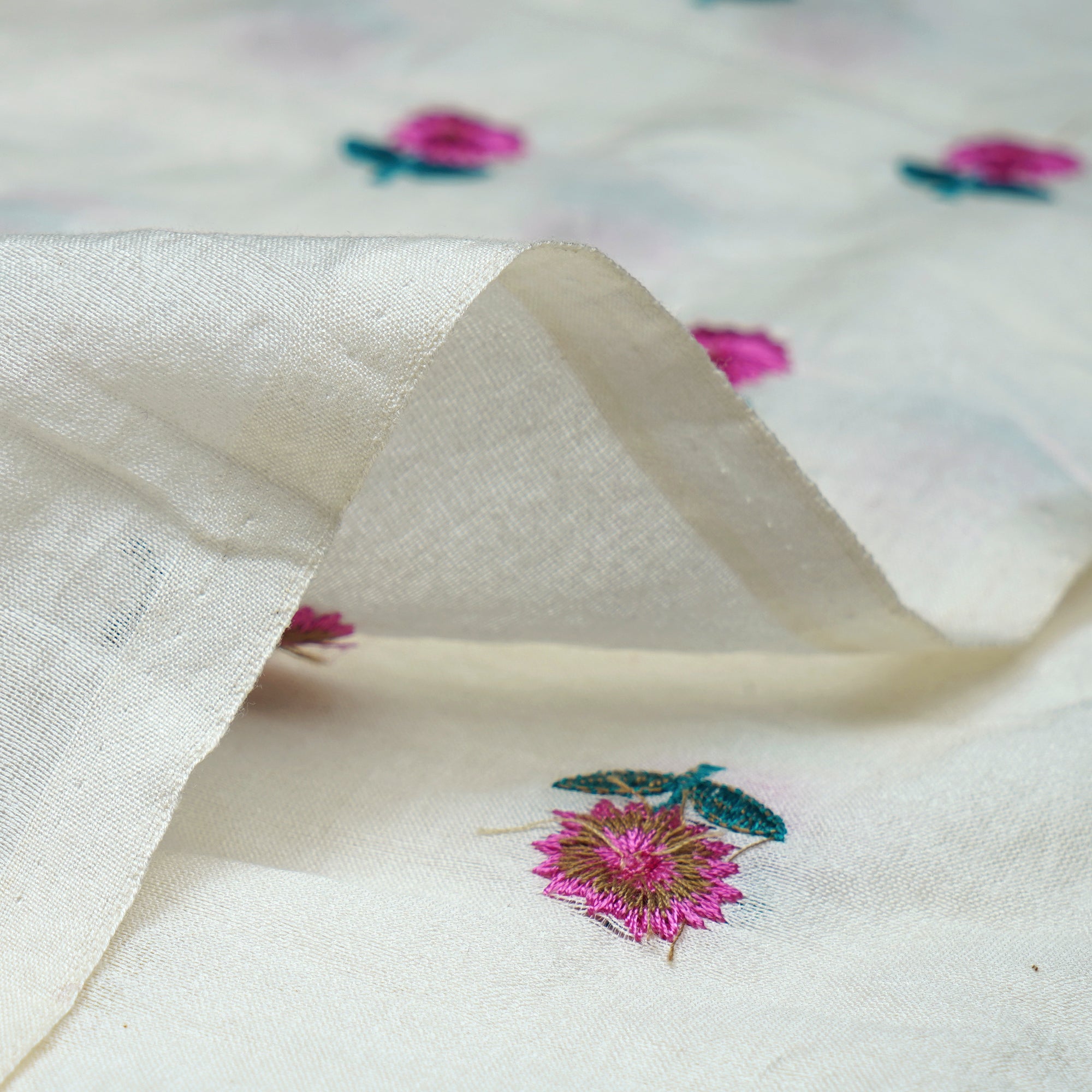 (Pre-Cut 3.60Mtr)Off White Color Embroidered Fine Chanderi Fabric