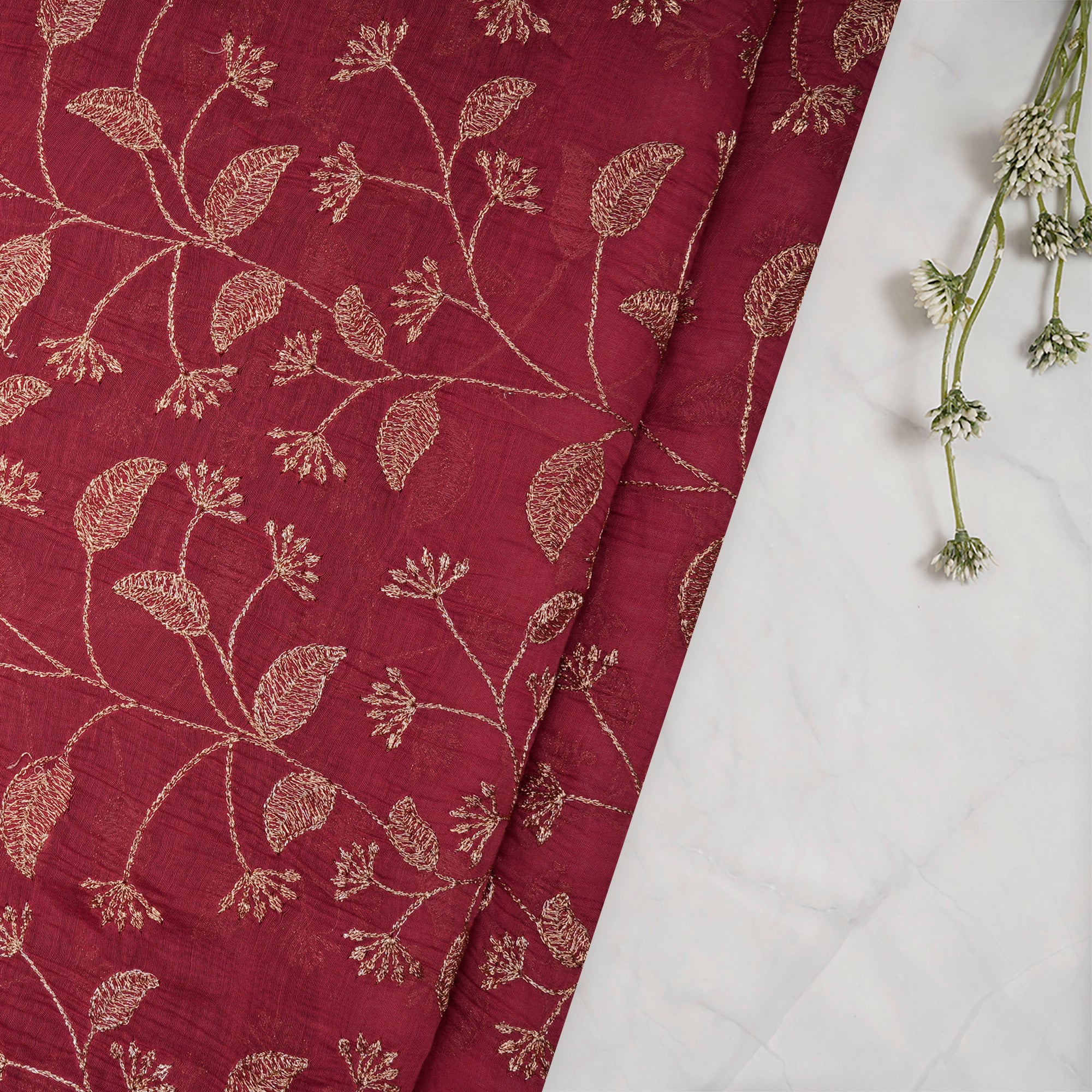 (Pre-Cut 2.40Mtr)Maroon -Gold Floral Pattern Zari Embroidered Chanderi Fabric