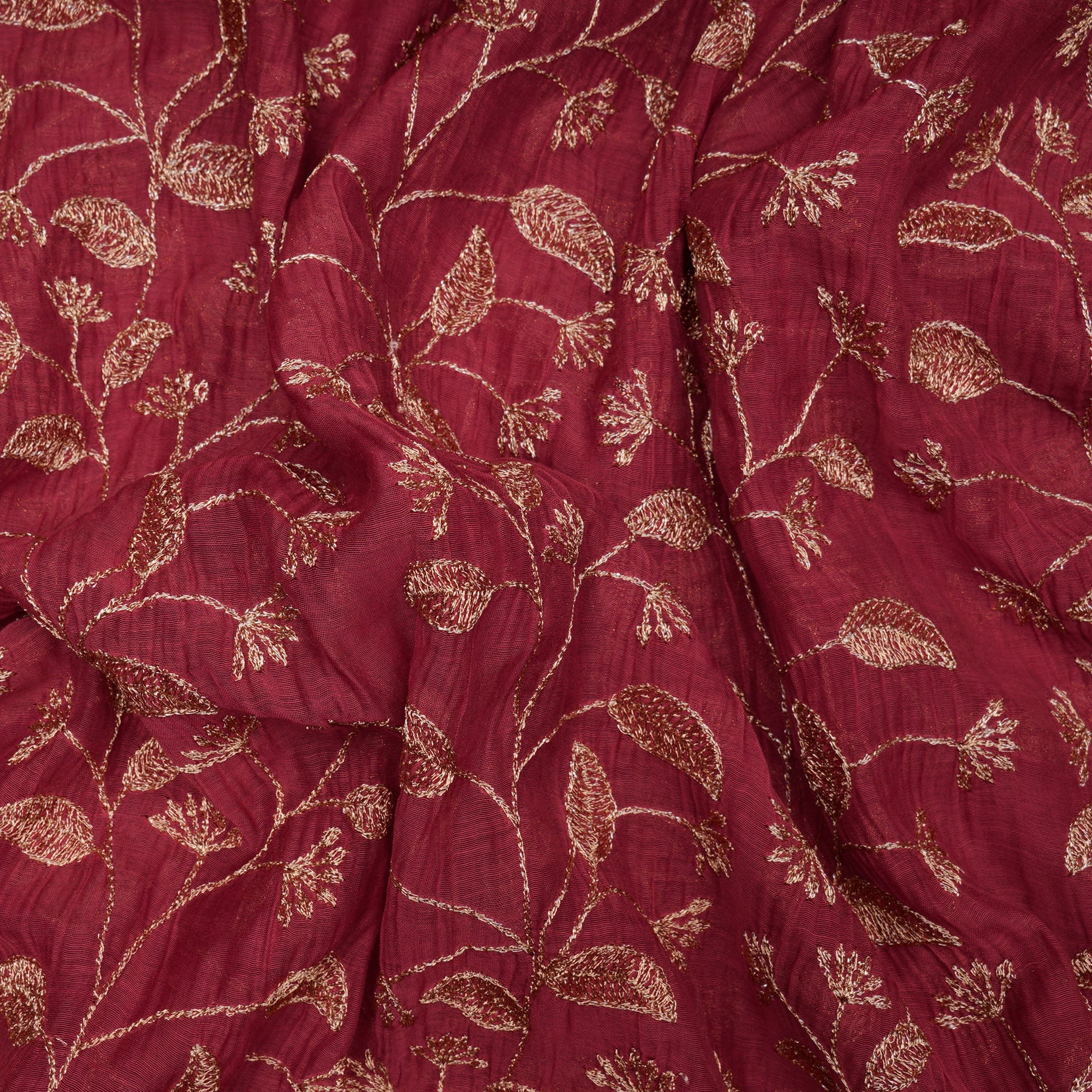 (Pre-Cut 2.40Mtr)Maroon -Gold Floral Pattern Zari Embroidered Chanderi Fabric