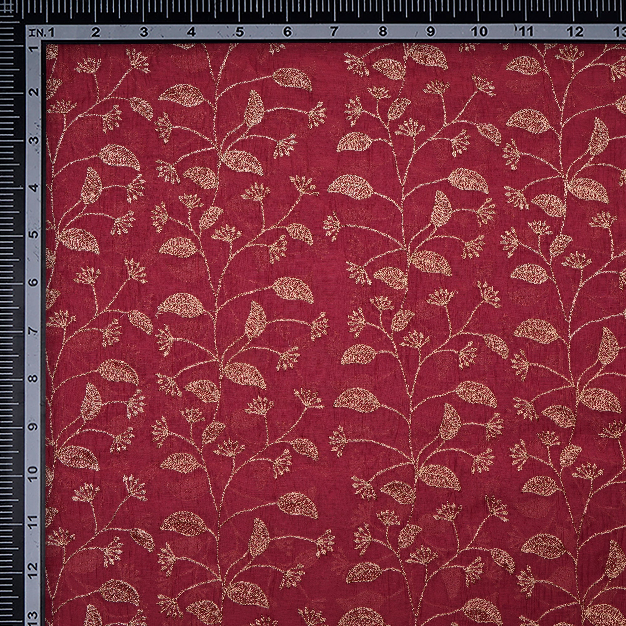 (Pre-Cut 2.40Mtr)Maroon -Gold Floral Pattern Zari Embroidered Chanderi Fabric