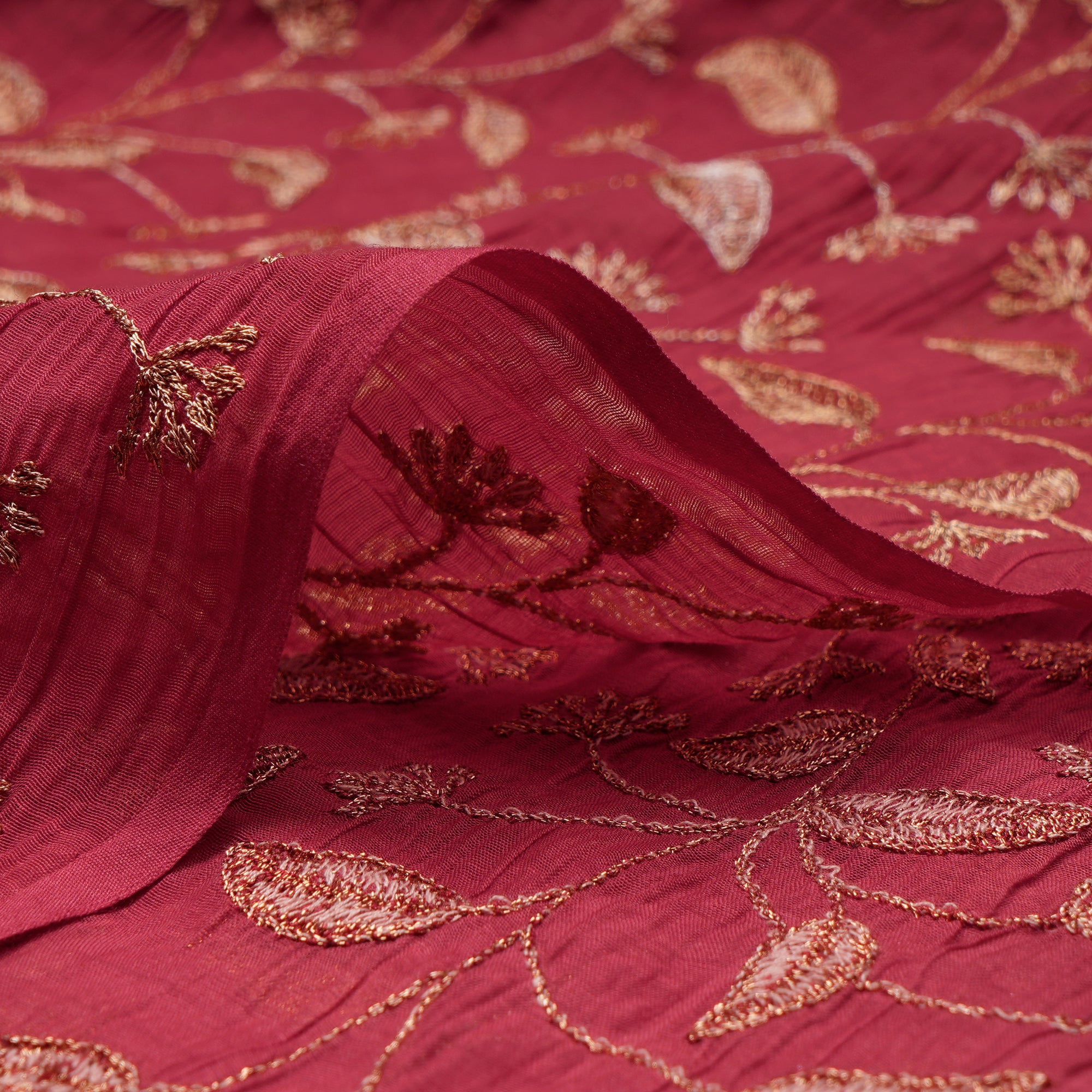 (Pre-Cut 2.40Mtr)Maroon -Gold Floral Pattern Zari Embroidered Chanderi Fabric