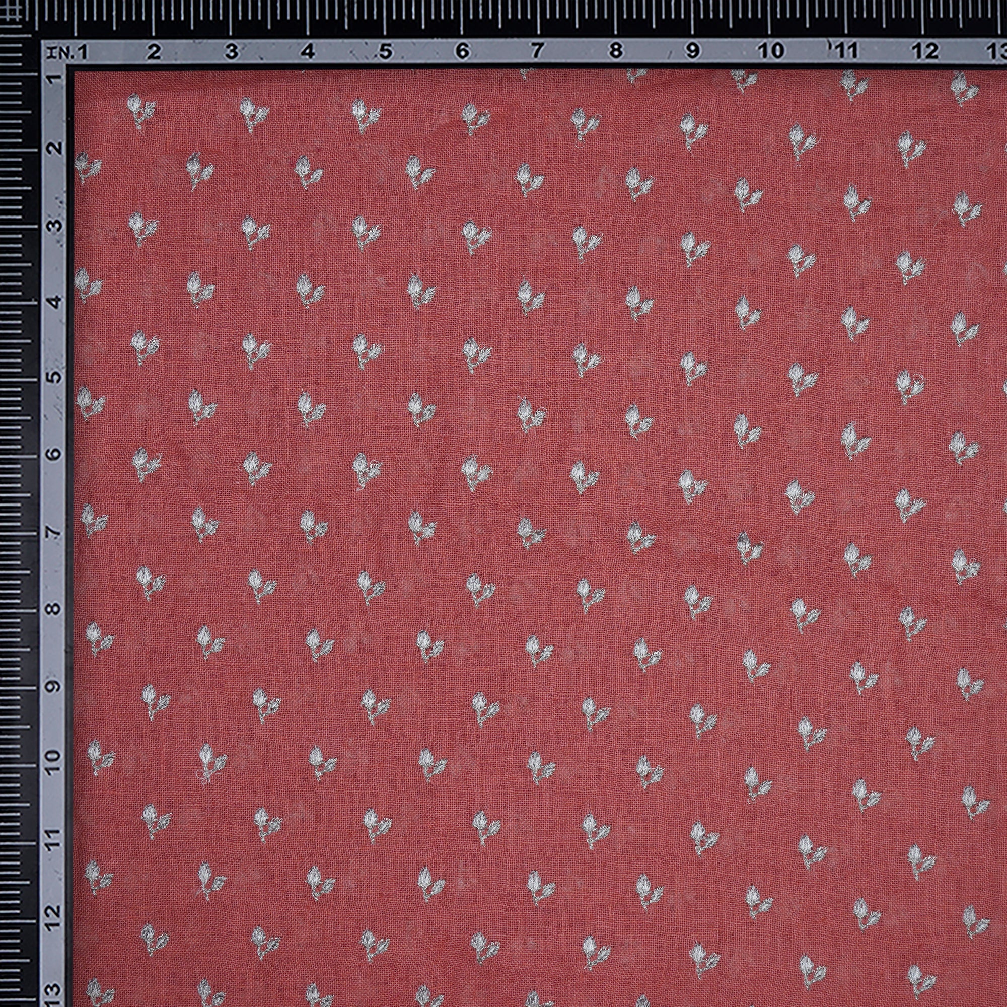 (Pre-Cut 4.50Mtr)Salmon Color Embroidered Linen Fabric