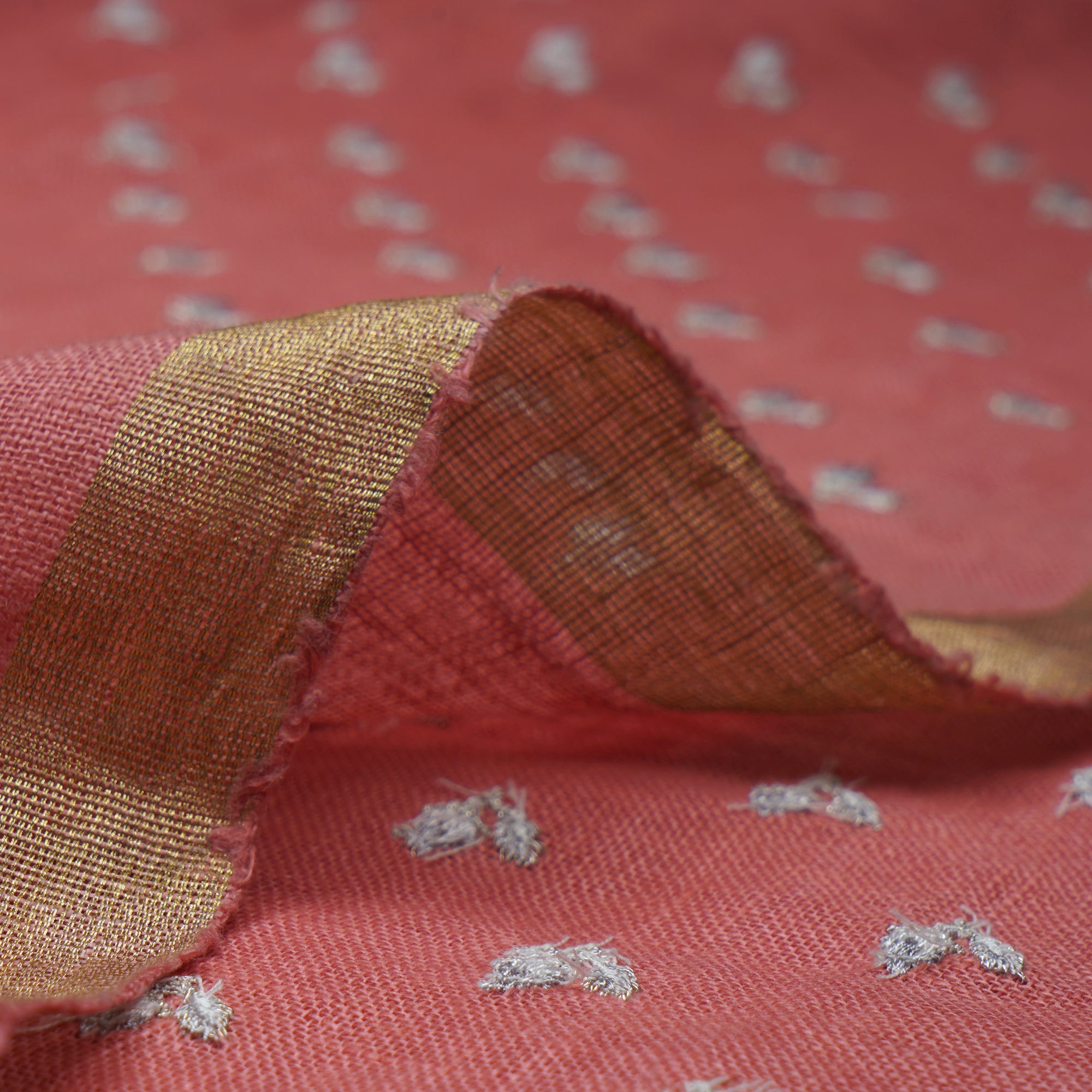 (Pre-Cut 4.50Mtr)Salmon Color Embroidered Linen Fabric