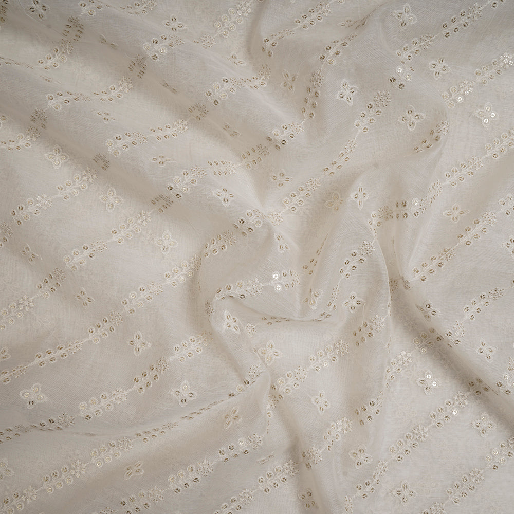 (Pre-Cut 4.00Mtr)Off White Color Embroidered Pure Fine Chanderi Fabric