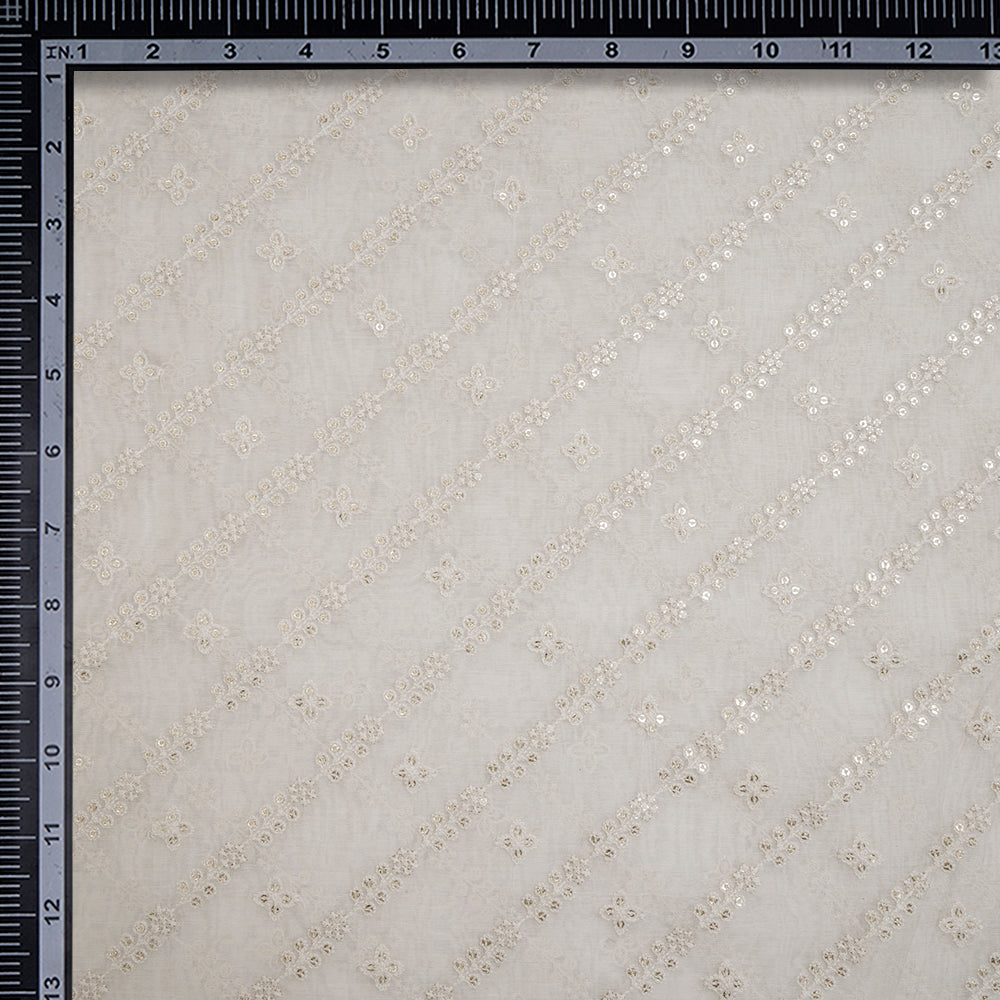(Pre-Cut 4.00Mtr)Off White Color Embroidered Pure Fine Chanderi Fabric