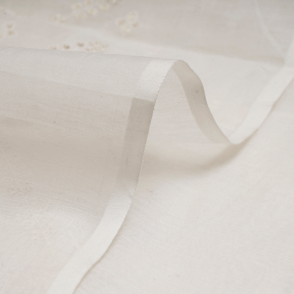 (Pre-Cut 4.00Mtr)Off White Color Embroidered Pure Fine Chanderi Fabric