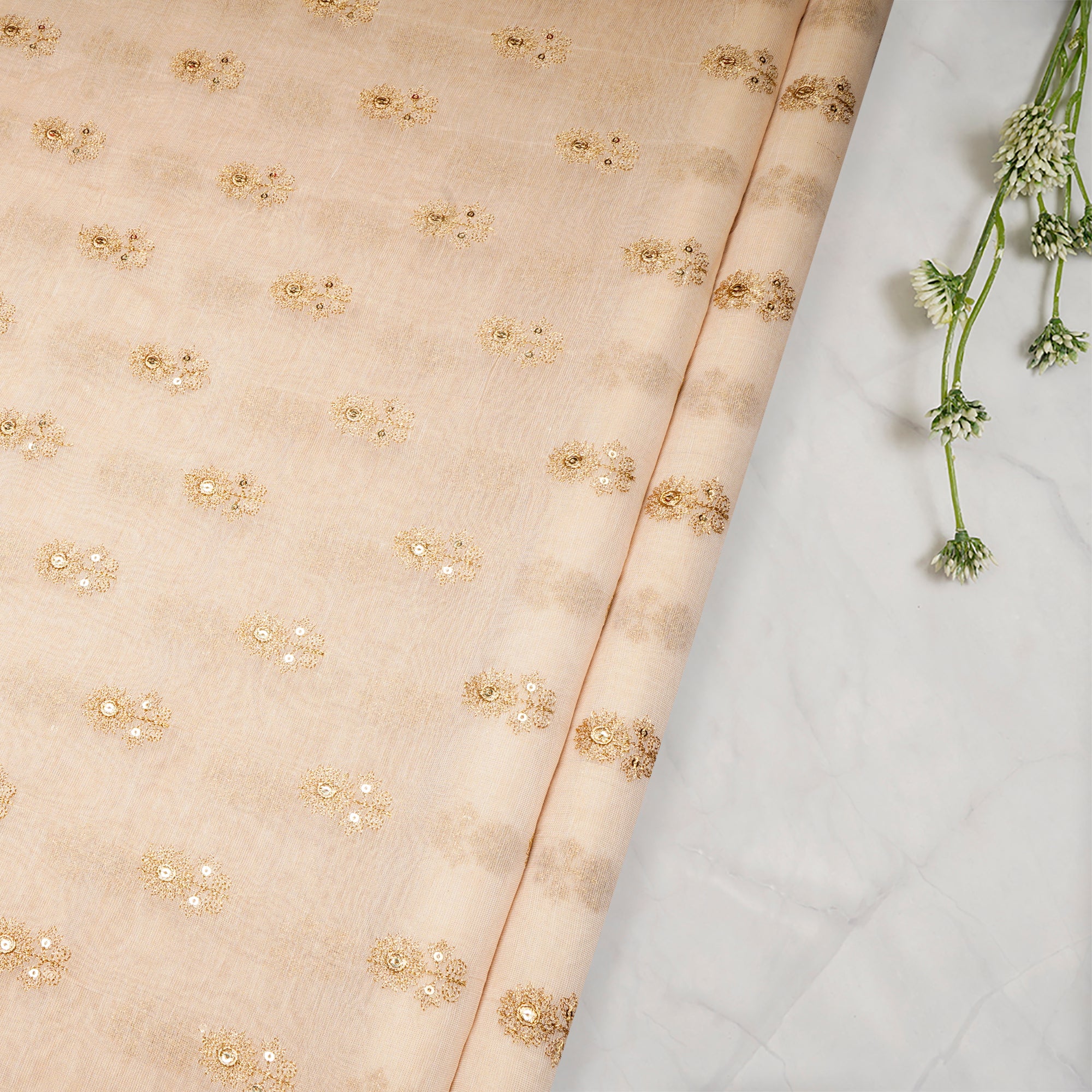 (Pre-Cut 3.40Mtr)Gold Dyeable Booti Pattern Zari Embroidered Tissue Chanderi Fabric