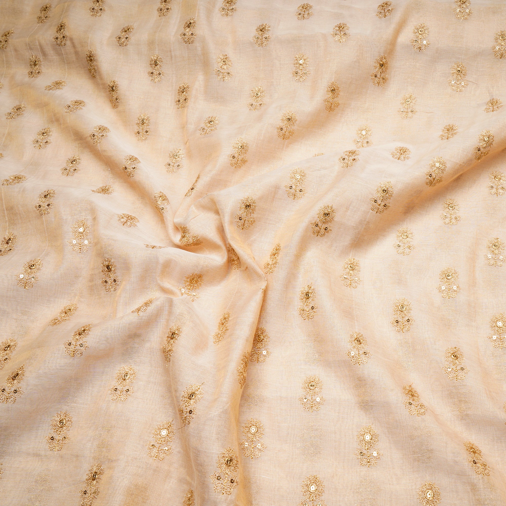 (Pre-Cut 3.40Mtr)Gold Dyeable Booti Pattern Zari Embroidered Tissue Chanderi Fabric