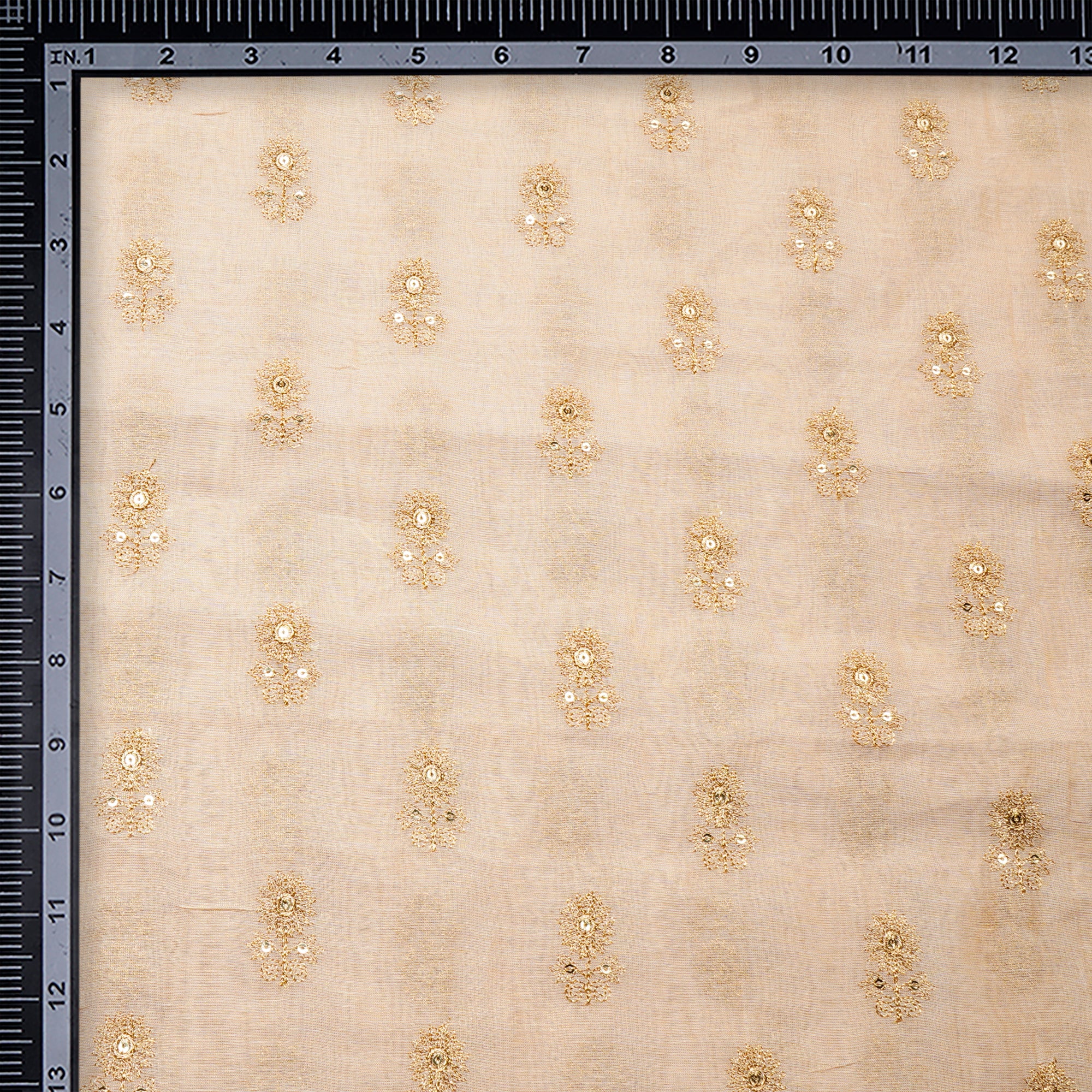 (Pre-Cut 3.40Mtr)Gold Dyeable Booti Pattern Zari Embroidered Tissue Chanderi Fabric
