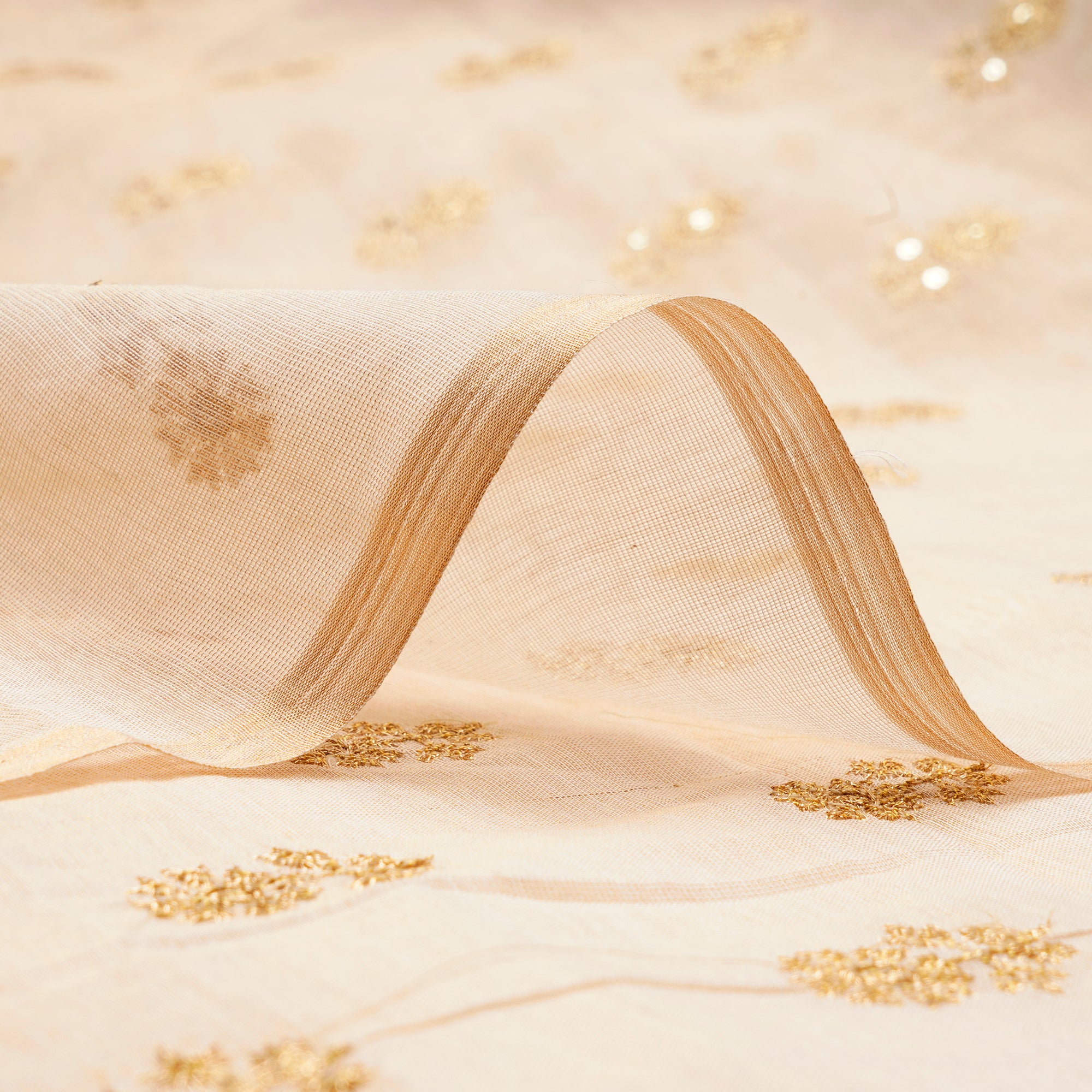 (Pre-Cut 3.40Mtr)Gold Dyeable Booti Pattern Zari Embroidered Tissue Chanderi Fabric
