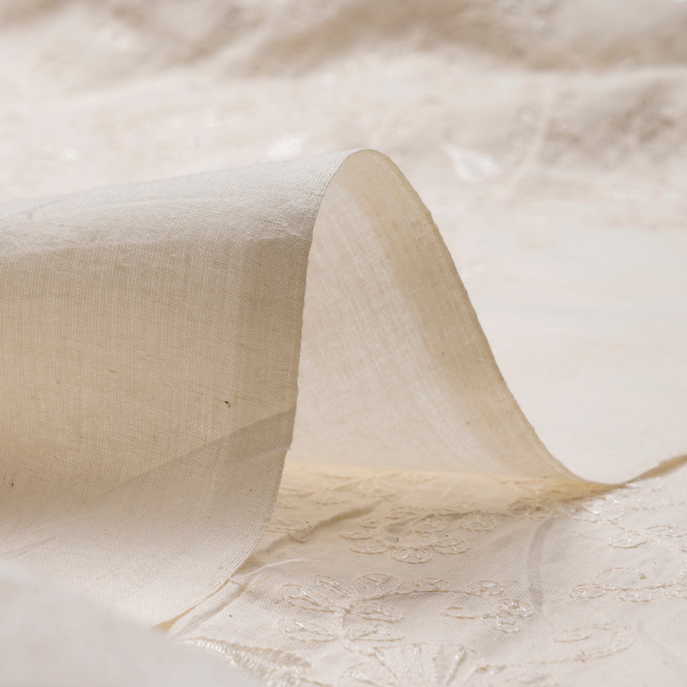 (Pre-Cut 2.20Mtr)Off White Color Embroidered Cotton Fabric