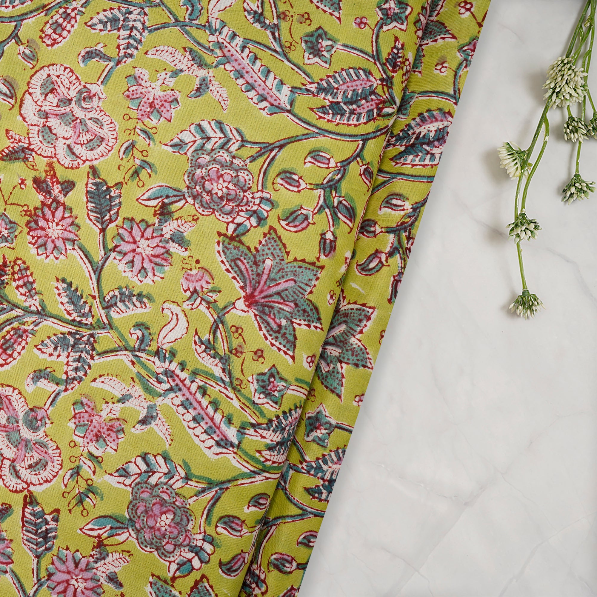 (Pre-Cut 1.00Mtr)Daiquiri Green Floral Pattern Natural Dye Hand Block Bagru Printed Cotton Fabric