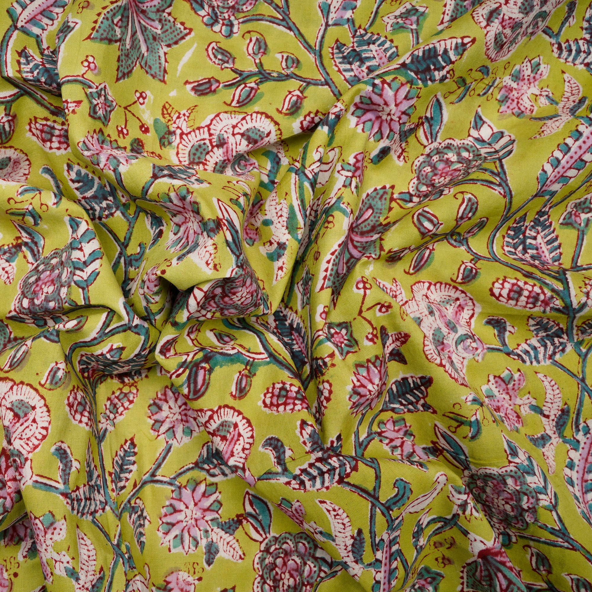 (Pre-Cut 1.00Mtr)Daiquiri Green Floral Pattern Natural Dye Hand Block Bagru Printed Cotton Fabric
