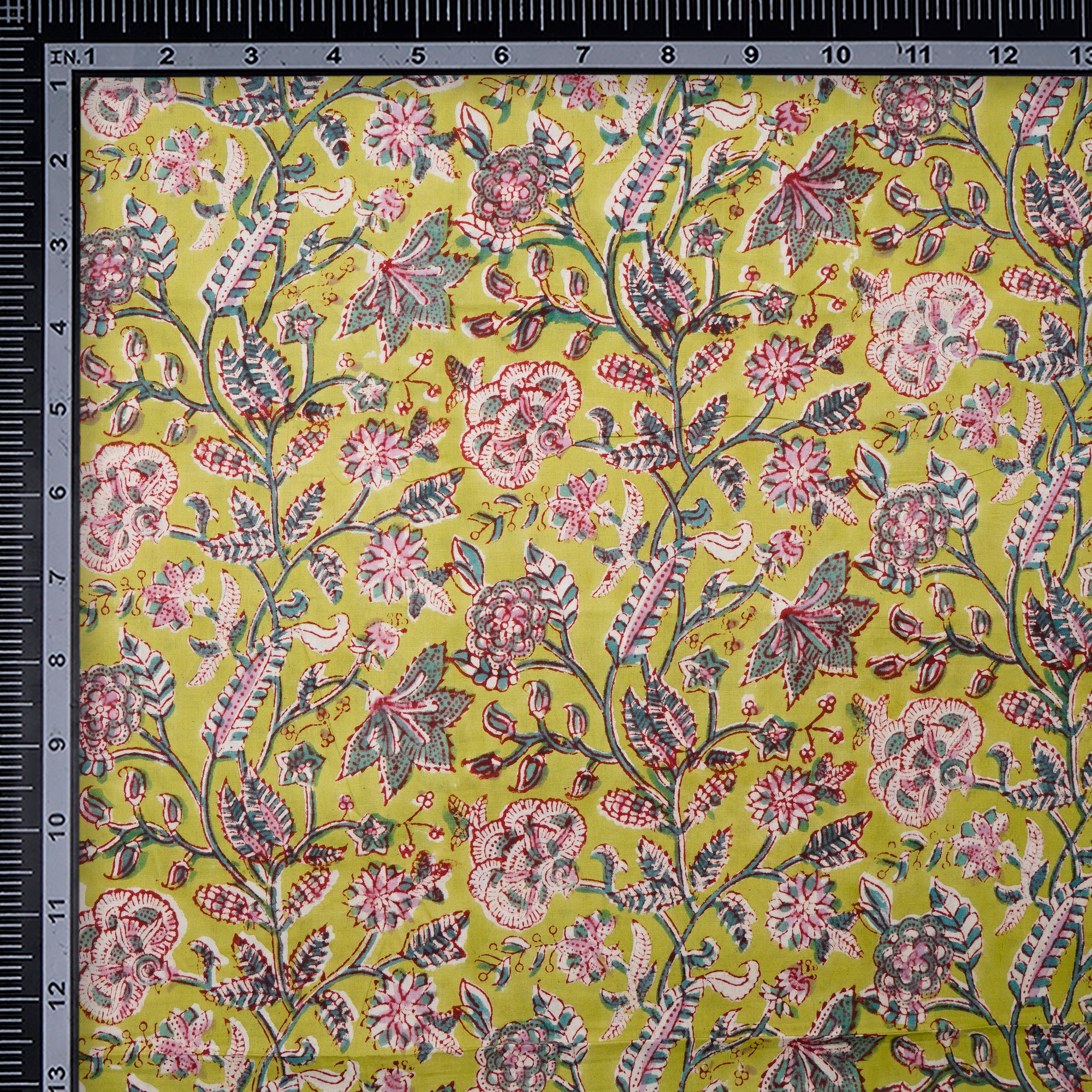 (Pre-Cut 1.00Mtr)Daiquiri Green Floral Pattern Natural Dye Hand Block Bagru Printed Cotton Fabric