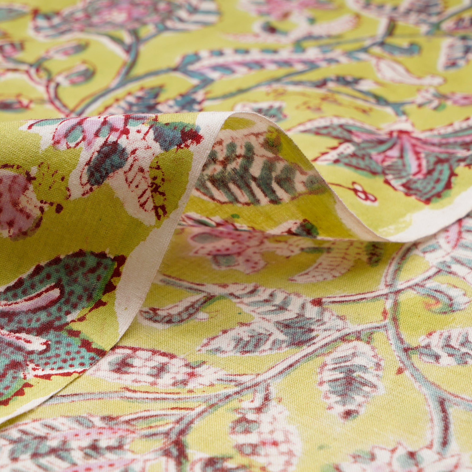 (Pre-Cut 1.00Mtr)Daiquiri Green Floral Pattern Natural Dye Hand Block Bagru Printed Cotton Fabric