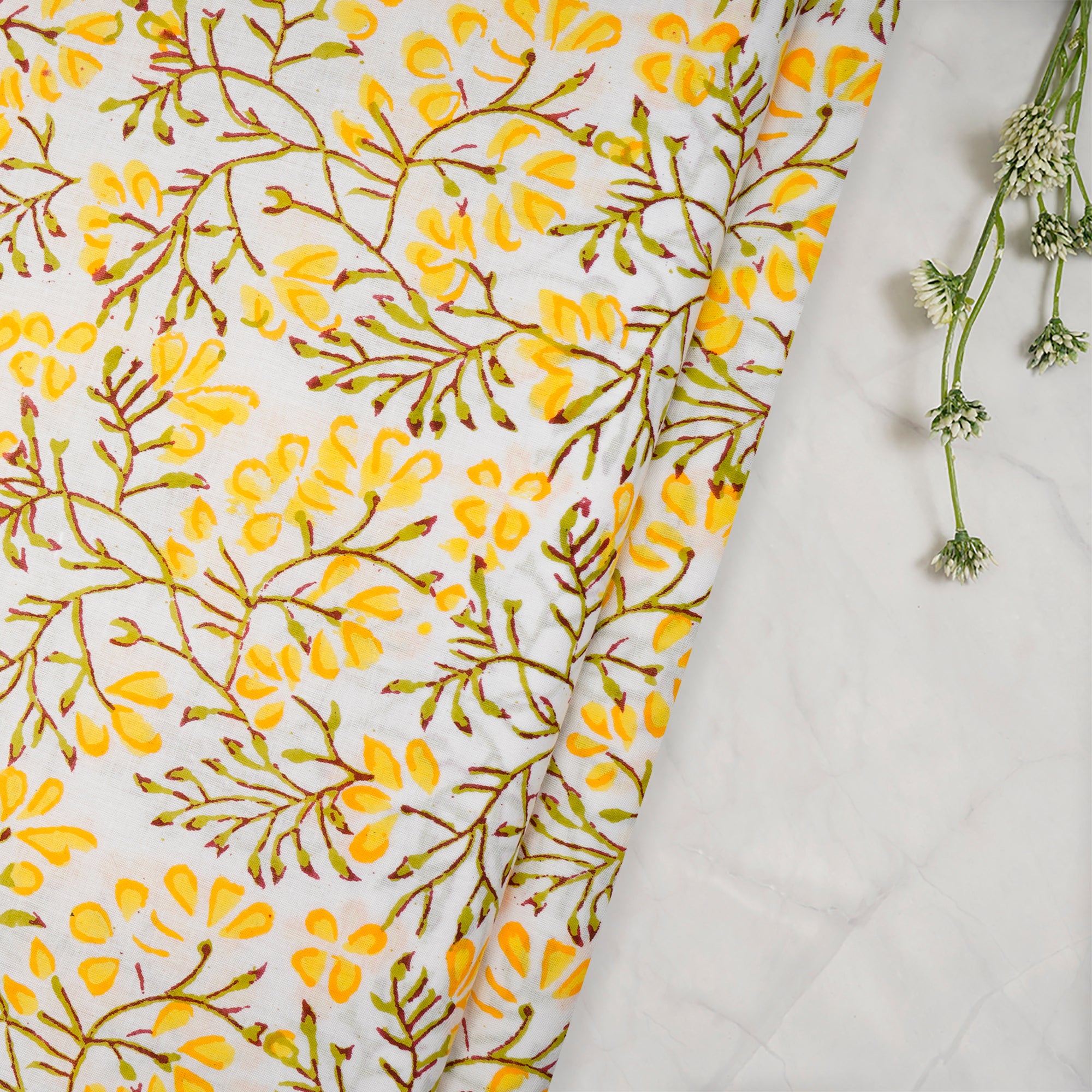 (Pre-Cut 1.00Mtr)White-Yellow Floral Pattern Natural Dye Hand Block Bagru Printed Cotton Fabric