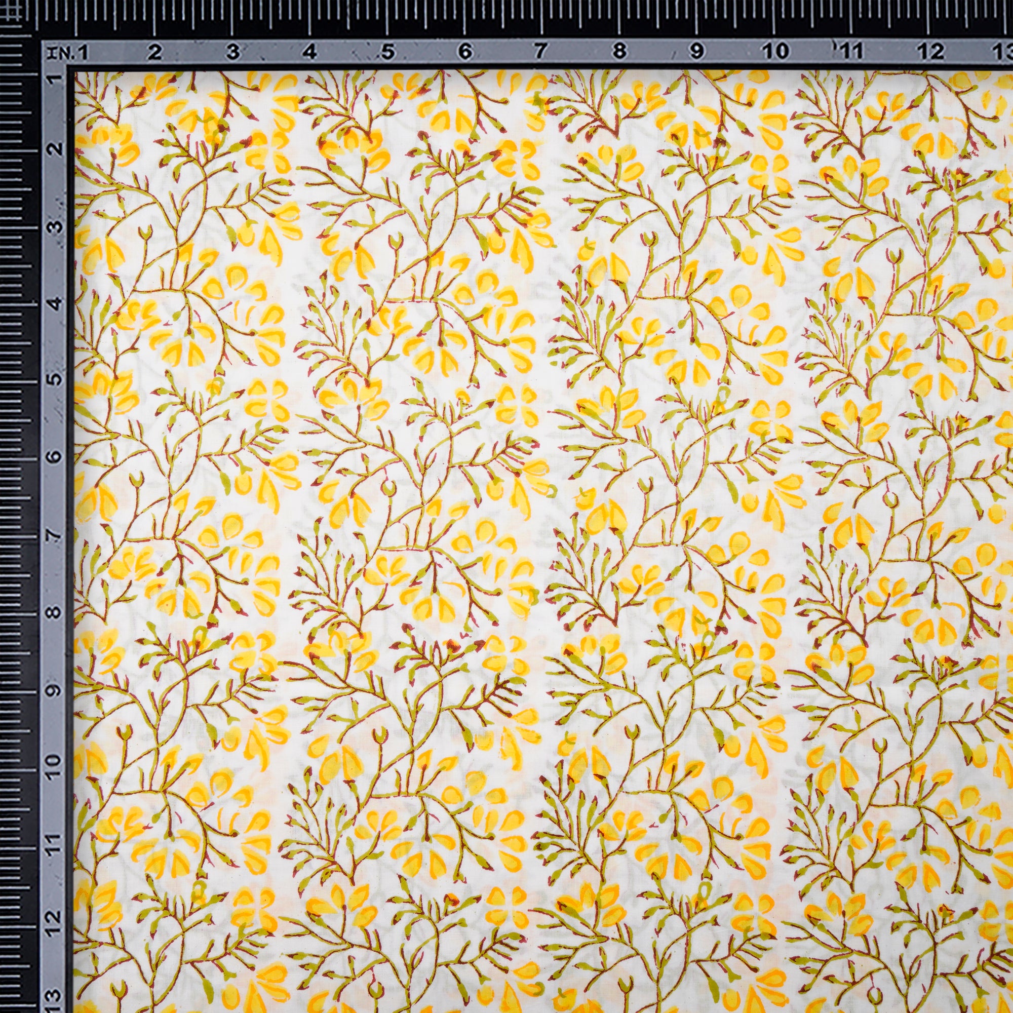 (Pre-Cut 1.00Mtr)White-Yellow Floral Pattern Natural Dye Hand Block Bagru Printed Cotton Fabric