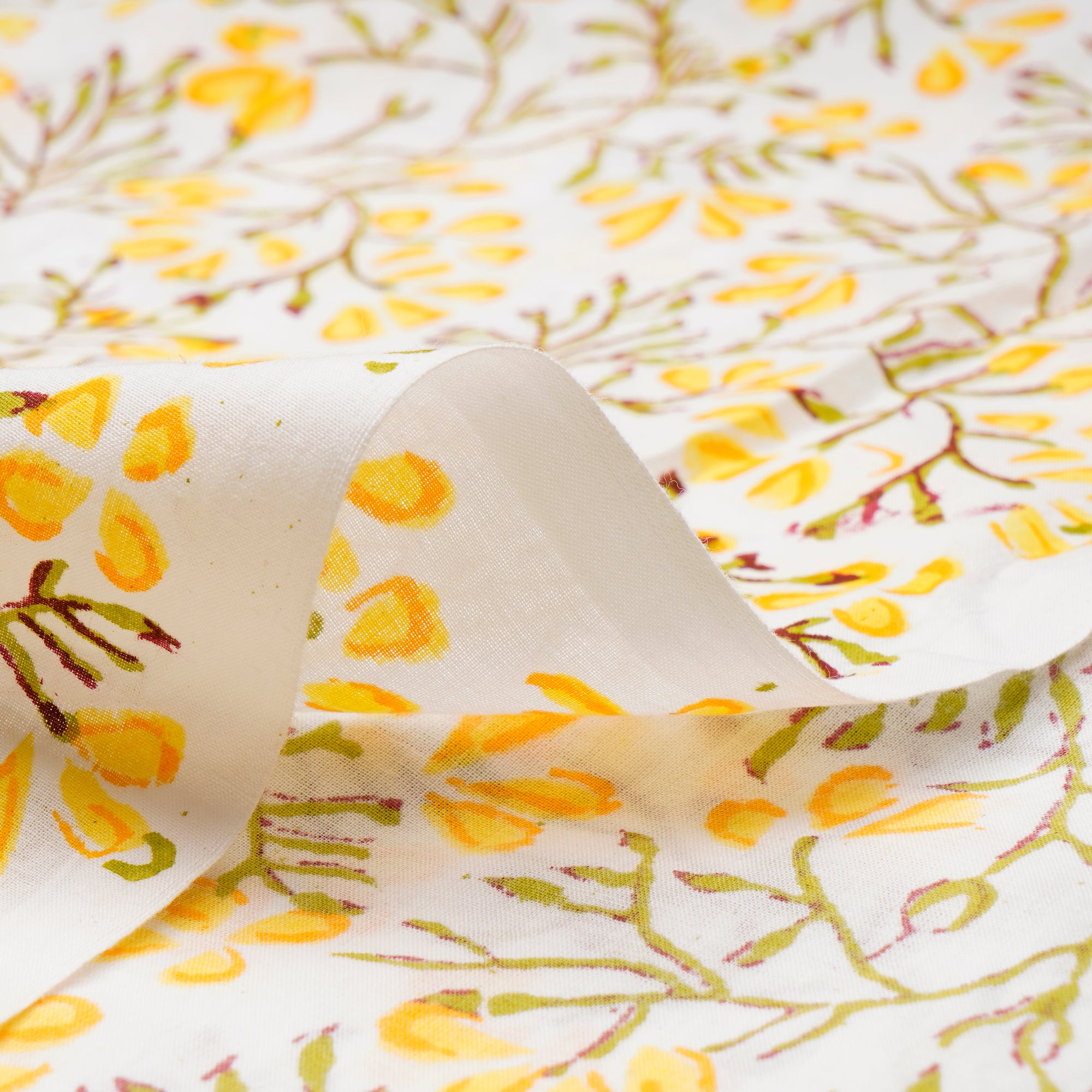 (Pre-Cut 1.00Mtr)White-Yellow Floral Pattern Natural Dye Hand Block Bagru Printed Cotton Fabric