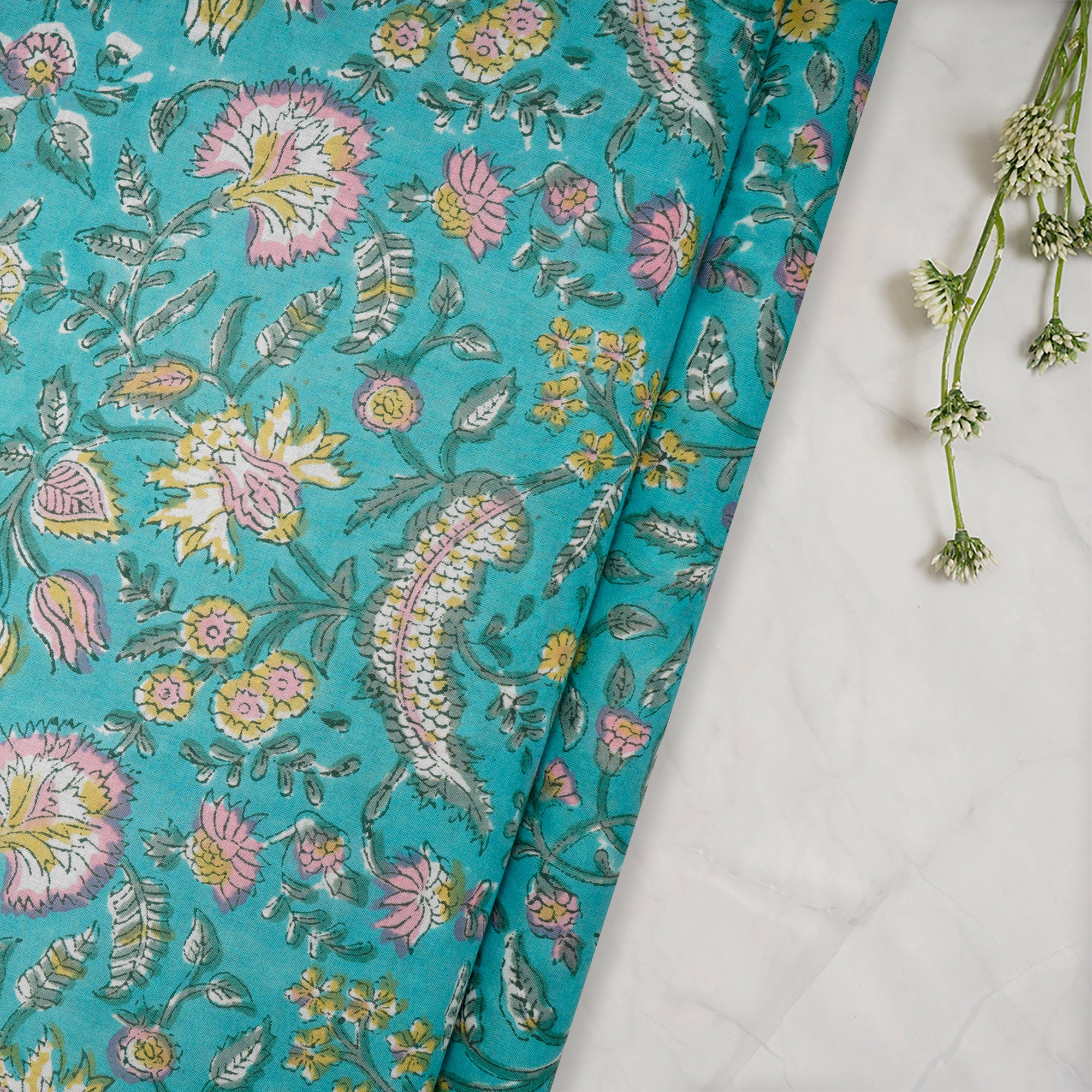 (Pre-Cut 1.70Mtr)Lagoon Floral Pattern Natural Dye Hand Block Bagru Printed Cotton Fabric