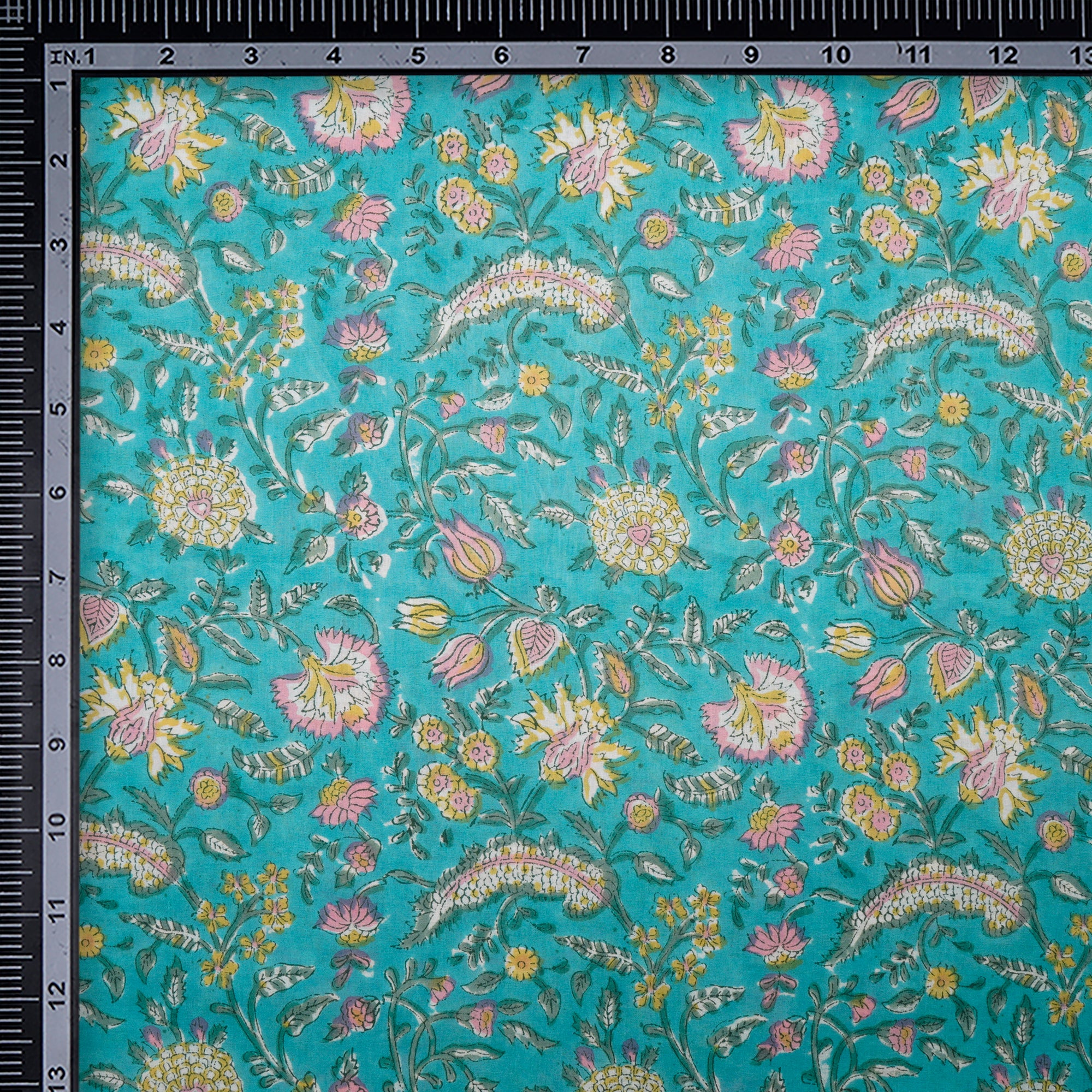 (Pre-Cut 1.70Mtr)Lagoon Floral Pattern Natural Dye Hand Block Bagru Printed Cotton Fabric