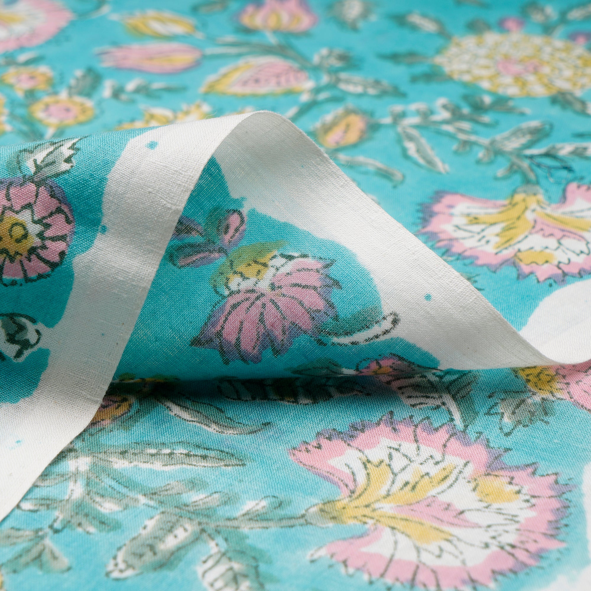 (Pre-Cut 2.50Mtr)Lagoon Floral Pattern Natural Dye Hand Block Bagru Printed Cotton Fabric