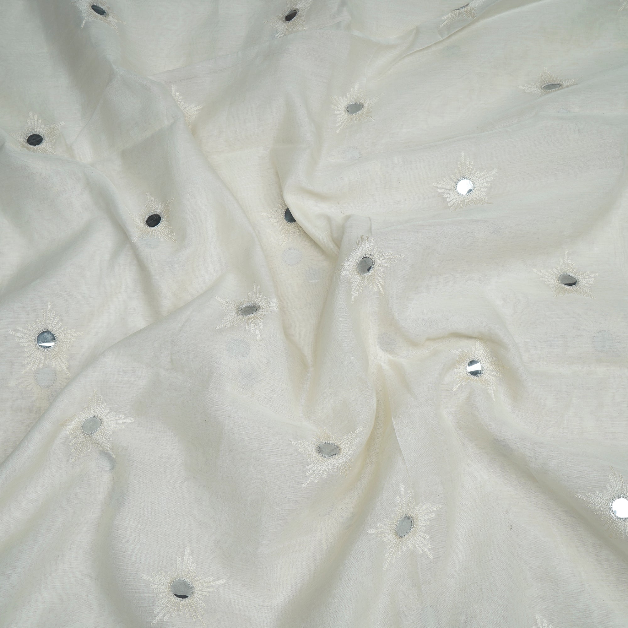 (Pre-Cut 4.00Mtr)Off White Color Mirror Work Embroidered Chanderi Fabric