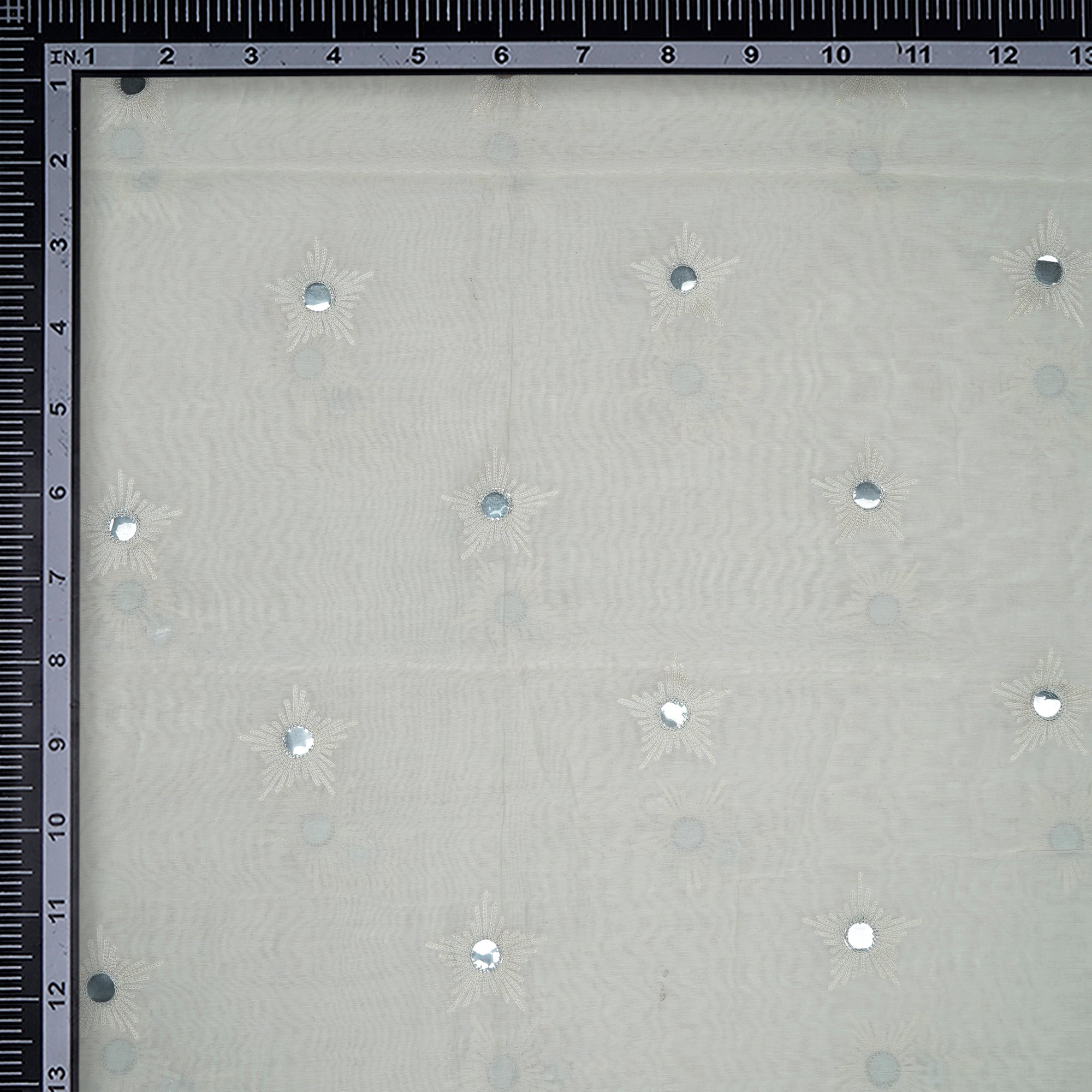 (Pre-Cut 4.00Mtr)Off White Color Mirror Work Embroidered Chanderi Fabric